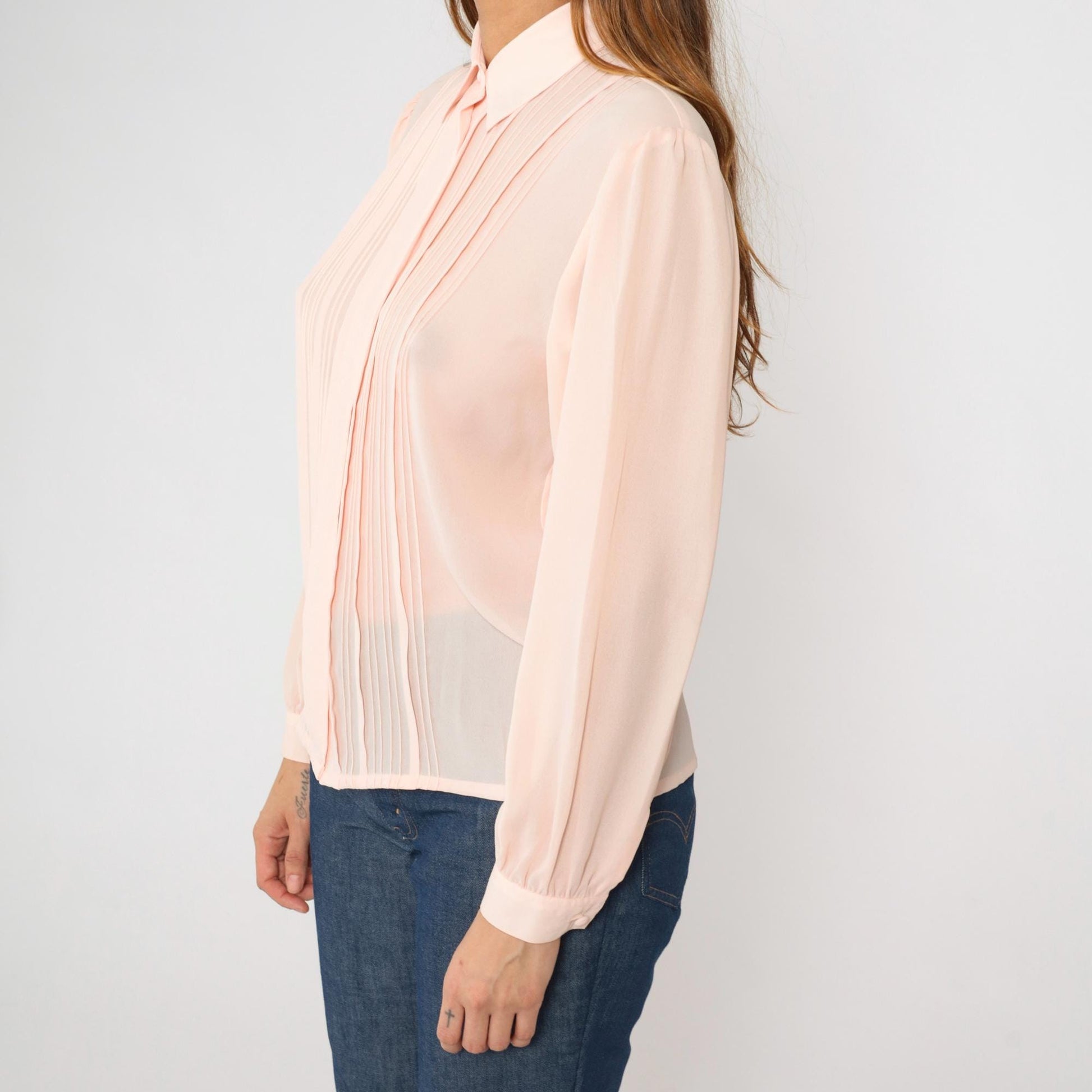 90s Laura and Jayne Pink Pleated Blouse Puff Sleeve Button Up Small