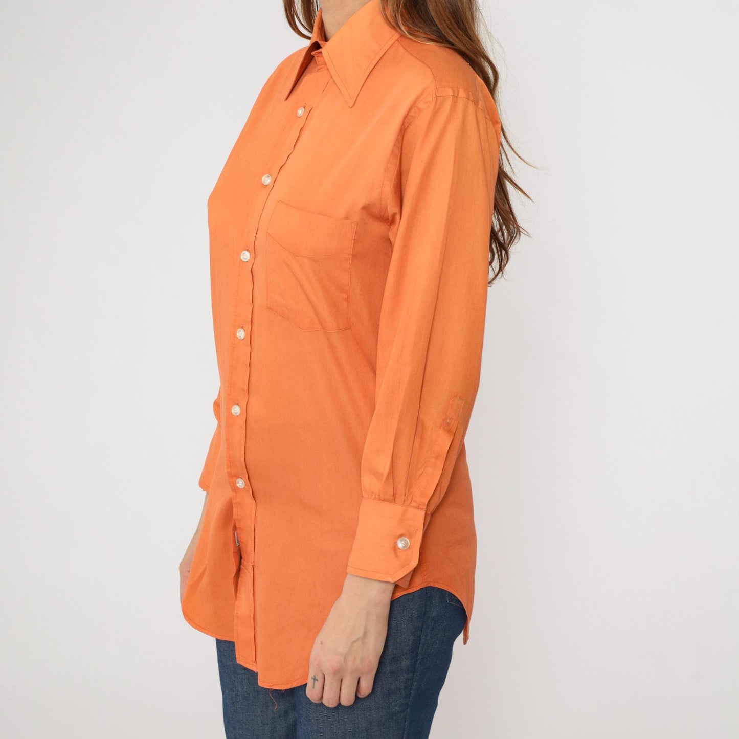 70s Orange Dagger Collar Button-Up Shirt Long Sleeve Men's Small