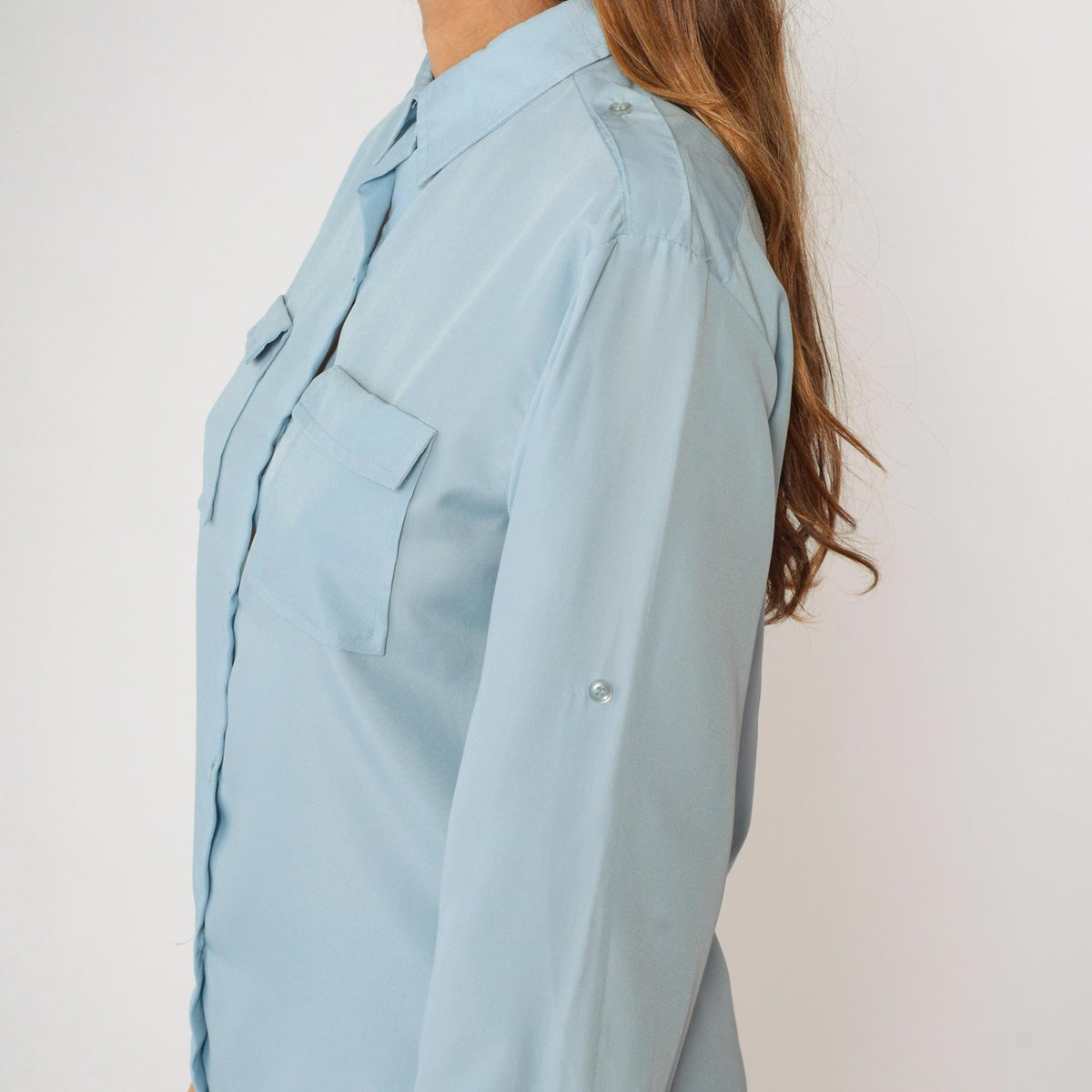 80s Ship n Shore Light Blue Button-Up Blouse Roll Tab Sleeves Medium