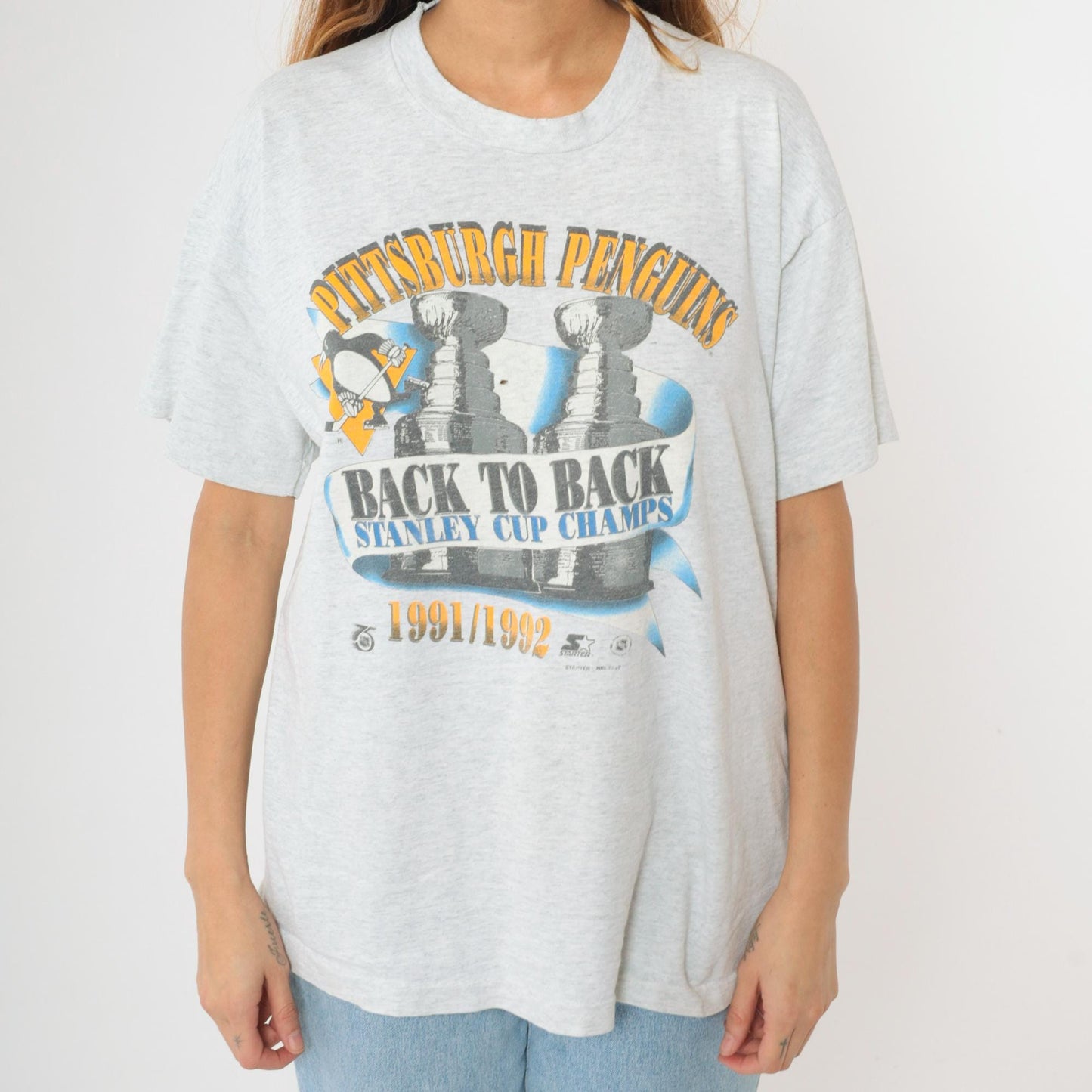 1991/1992 Pittsburgh Penguins Stanley Cup Champions Graphic T-Shirt Heather Grey Extra Large XL
