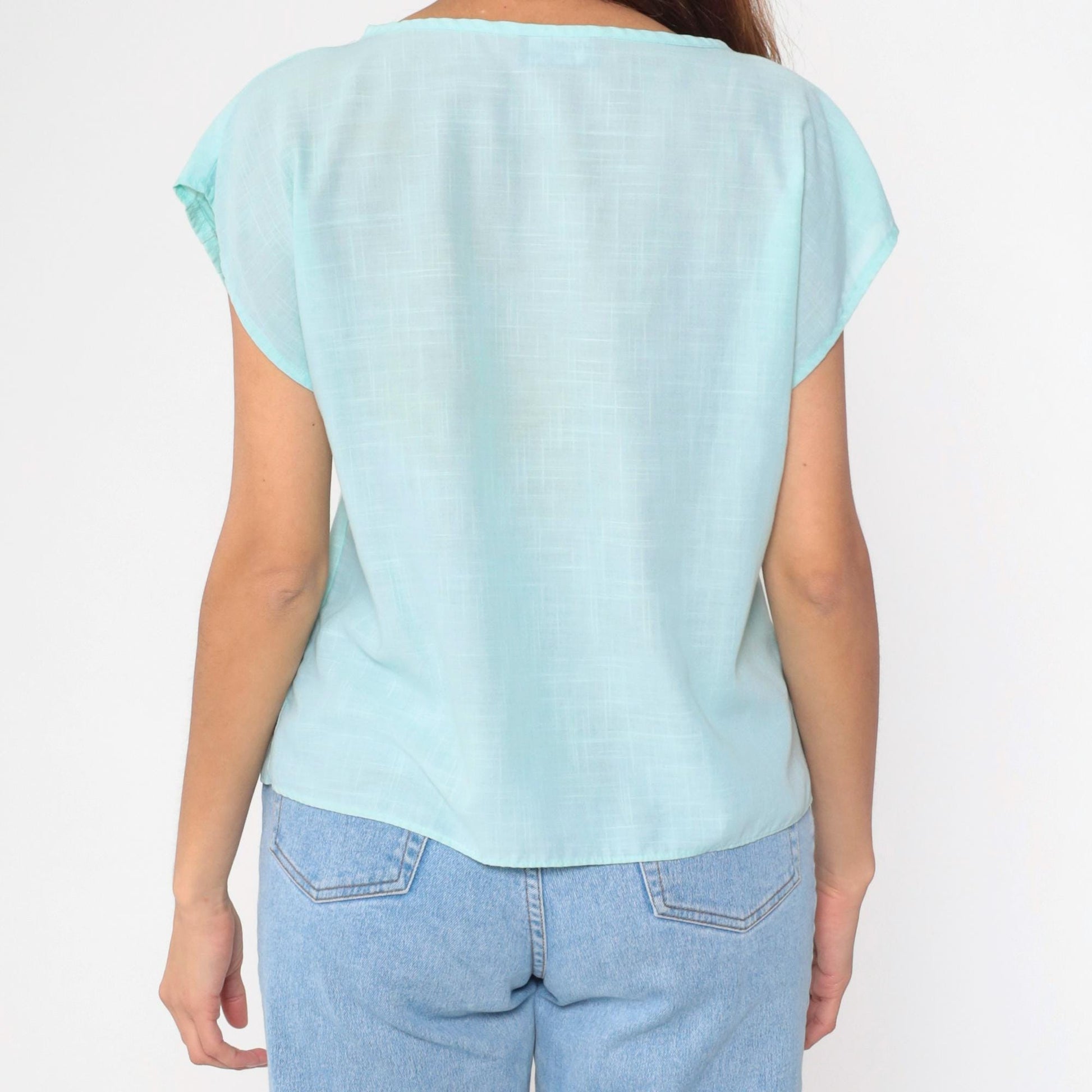 80s Angela Pellina Aqua Cap Sleeve Blouse Pleated Chest Medium