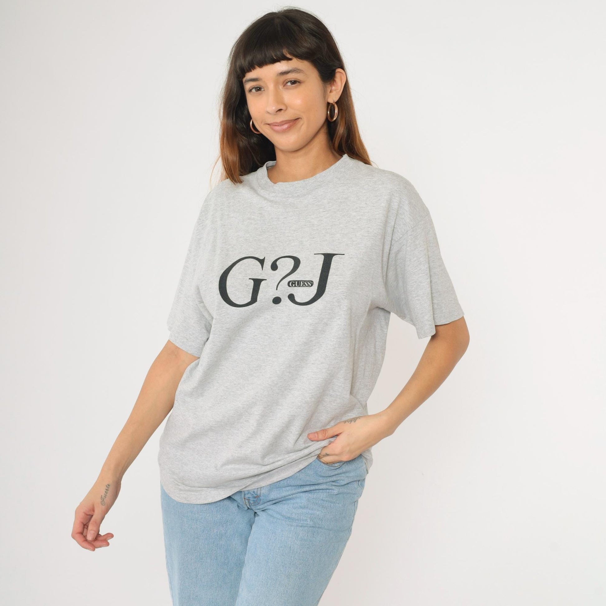 90s Guess Jeans Logo T-Shirt Heather Grey Spellout Graphic Medium M