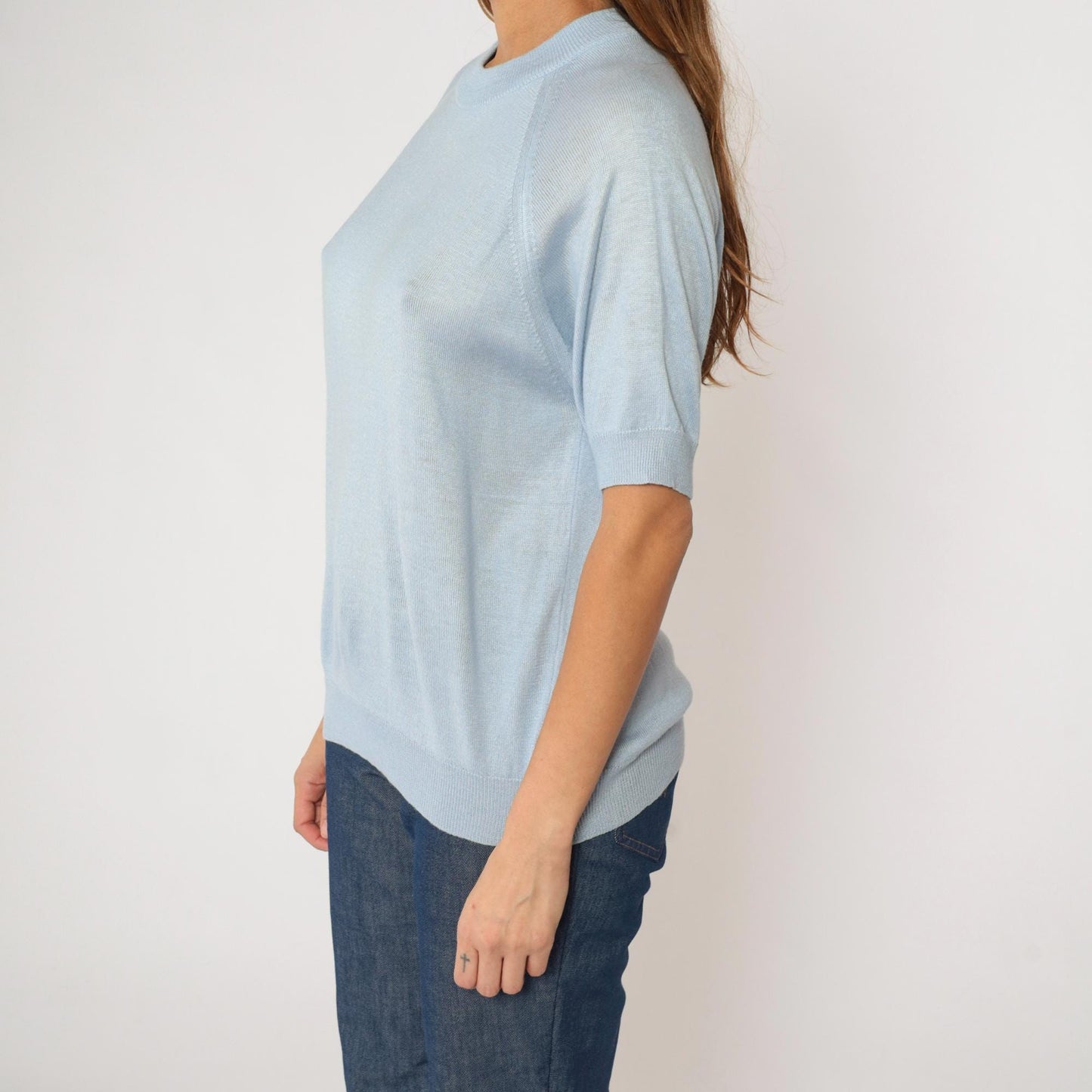 80s Blue Knit Sweater Raglan Short Sleeve Crewneck Rear Zip Large L