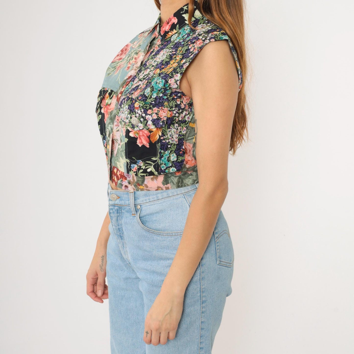 90s Cotton Express Floral Patchwork Crop Vest Button-Up Sleeveless Medium