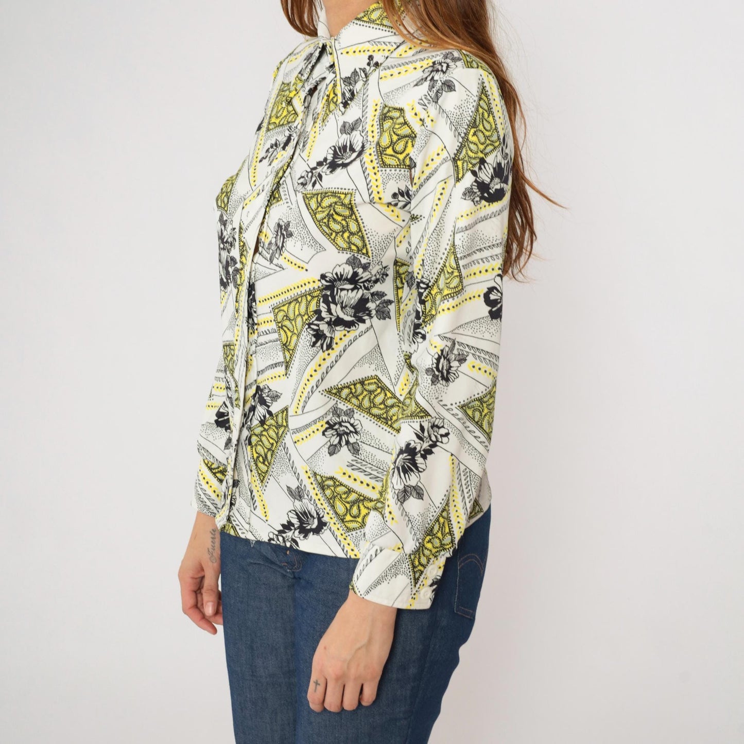 70s Floral Paisley Dagger Collar Button-Up Blouse Long Sleeve White Small