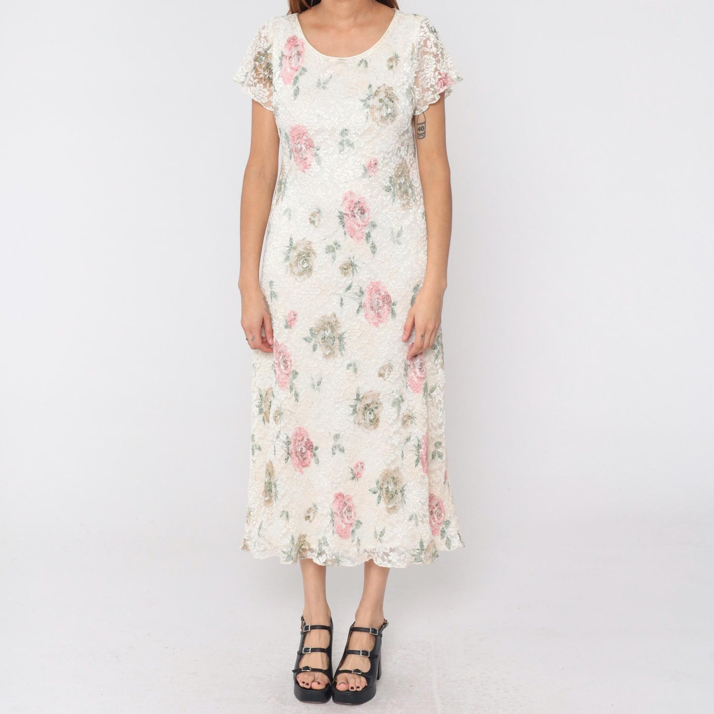 90s Ronni Nicole Petite Floral Lace Midi Dress Off-White Scoop Neck Medium