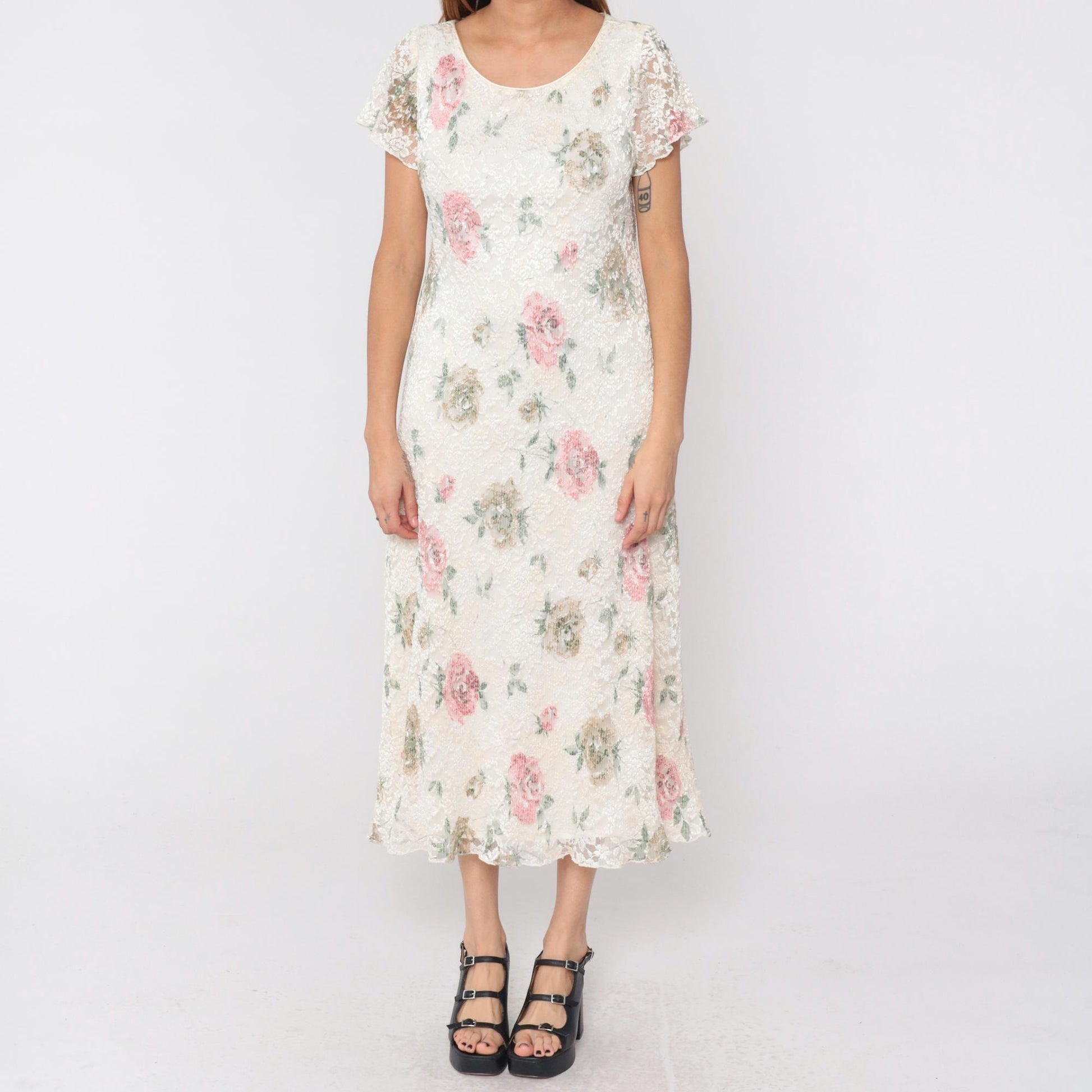 90s Ronni Nicole Petite Floral Lace Midi Dress Off-White Scoop Neck Medium