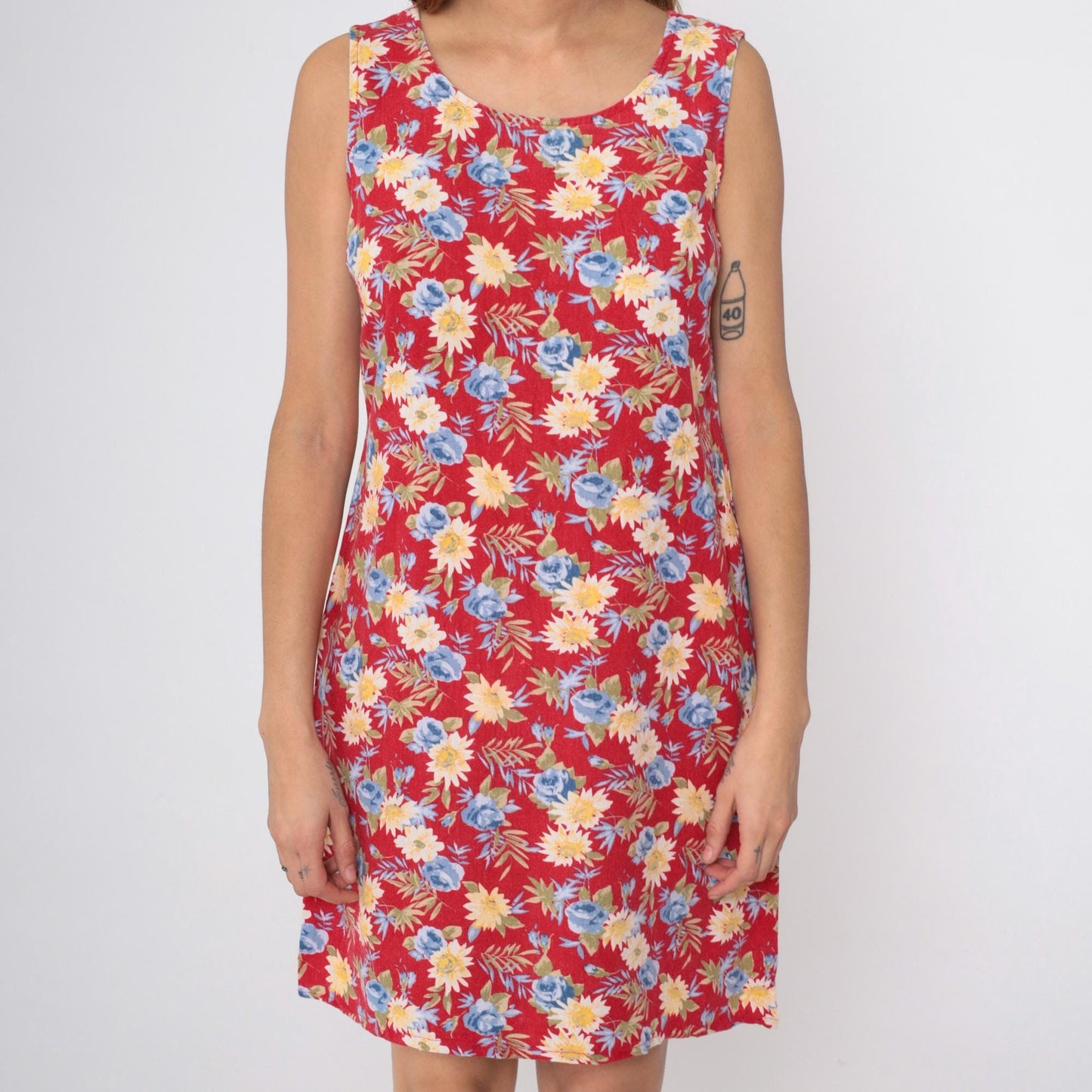 90s Floral Mini Dress Red Wildflower Print Shift Sundress Sleeveless Small Medium