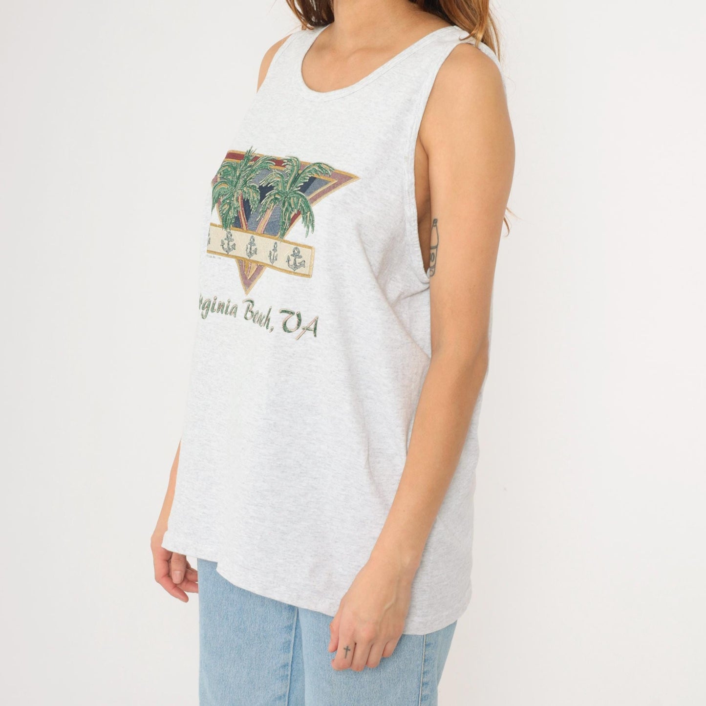 90s Virginia Beach Tank Top Graphic Tee Palm Tree Anchor Grey Extra Large