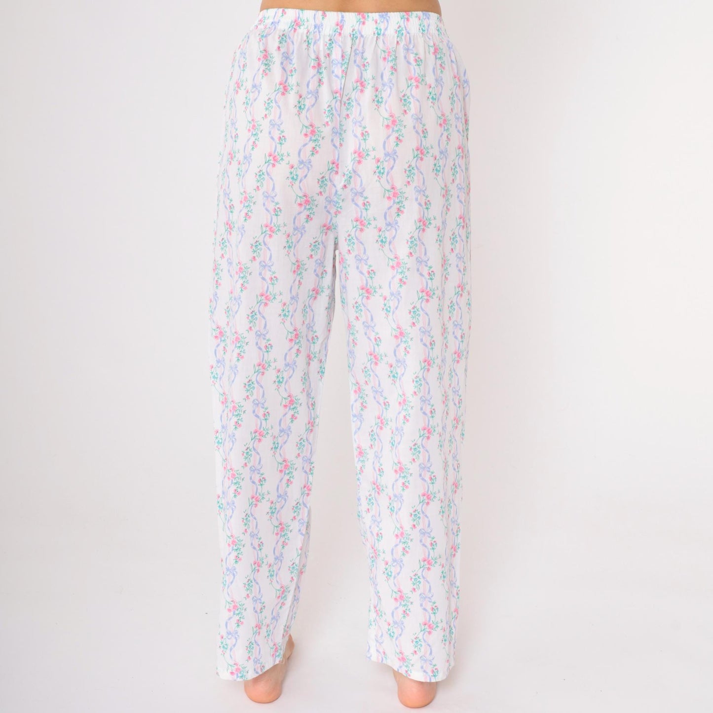 80s Floral Ribbon Pajama Pants White Elastic Waist Sleep Bottoms Medium