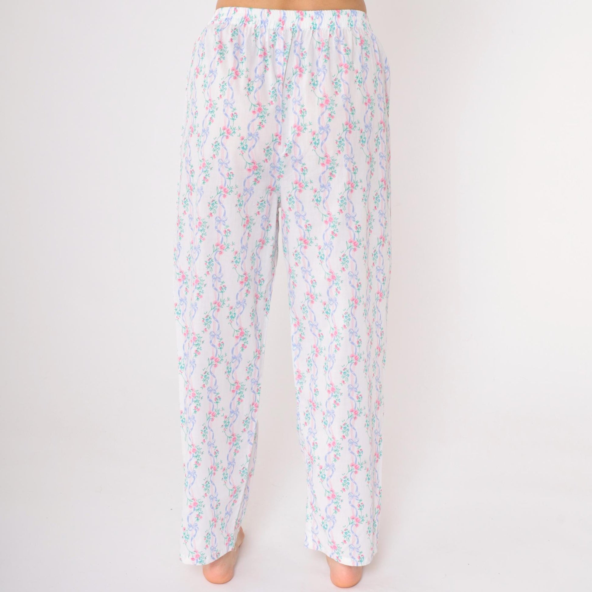 80s Floral Ribbon Pajama Pants White Elastic Waist Sleep Bottoms Medium