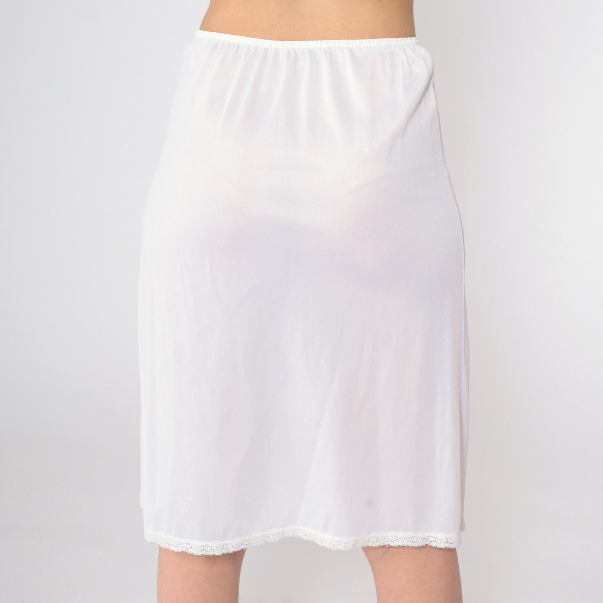 70s White Lace Slip Skirt Vintage Lingerie Elastic Waist Knee Length Small