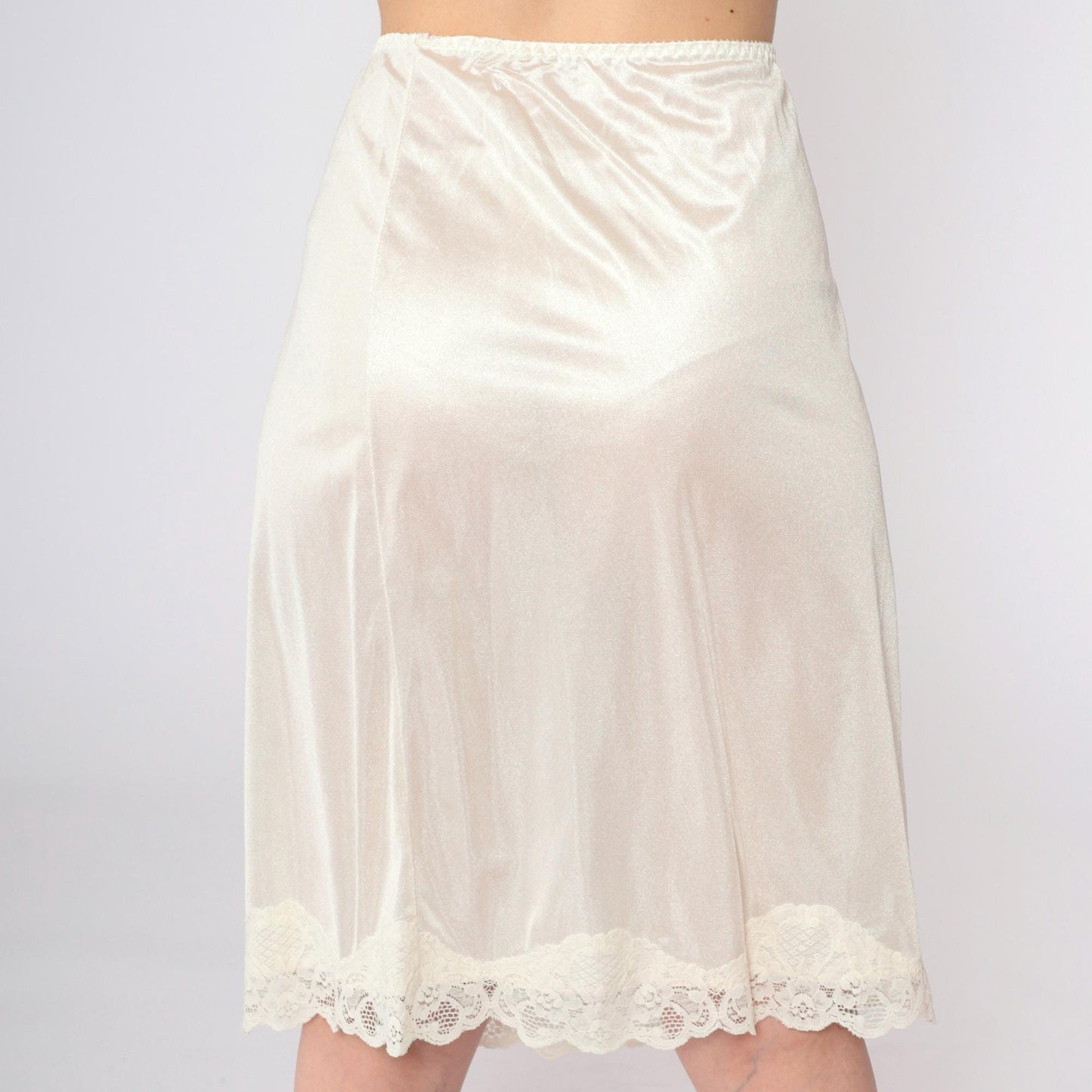 70s Cream Lace Half Slip Skirt Elastic Waist Knee Length Large