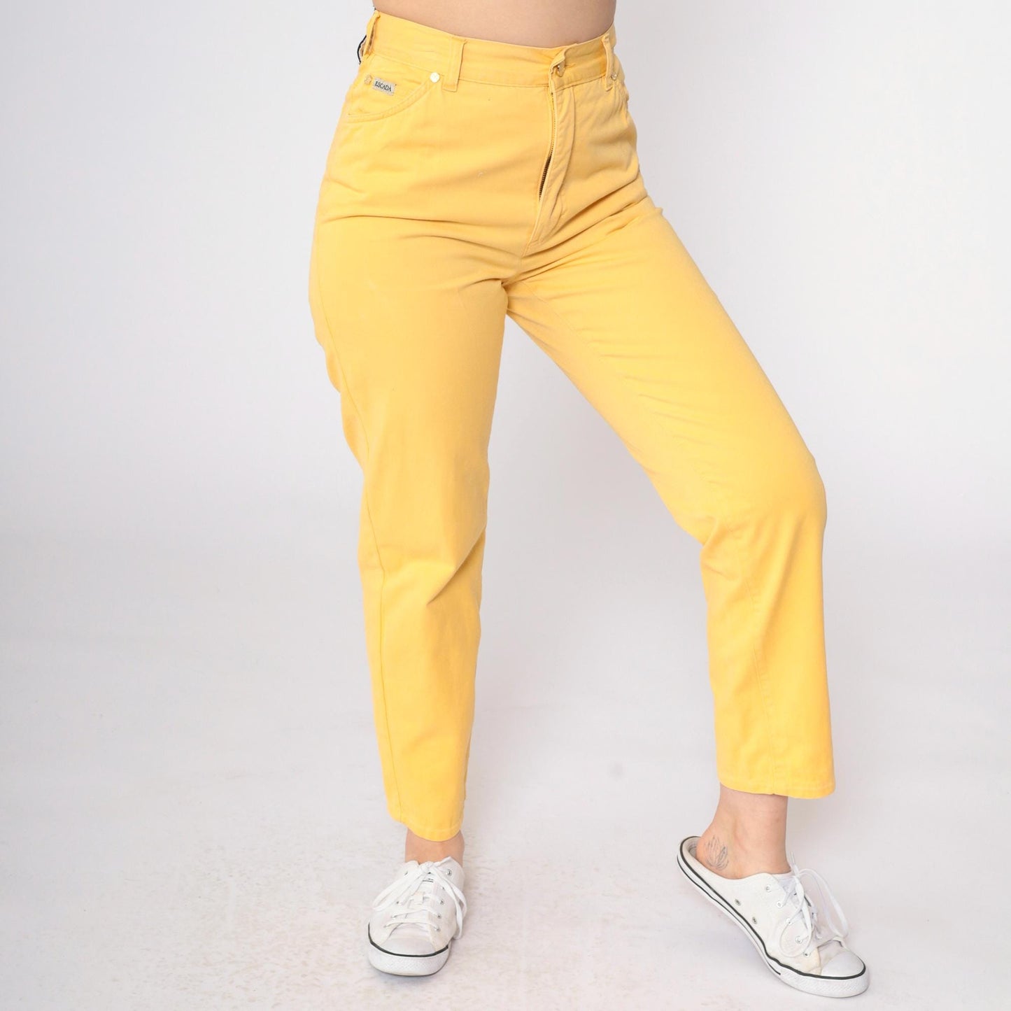 90s Escada Yellow Cotton High-Waisted Slim Trousers Small 29