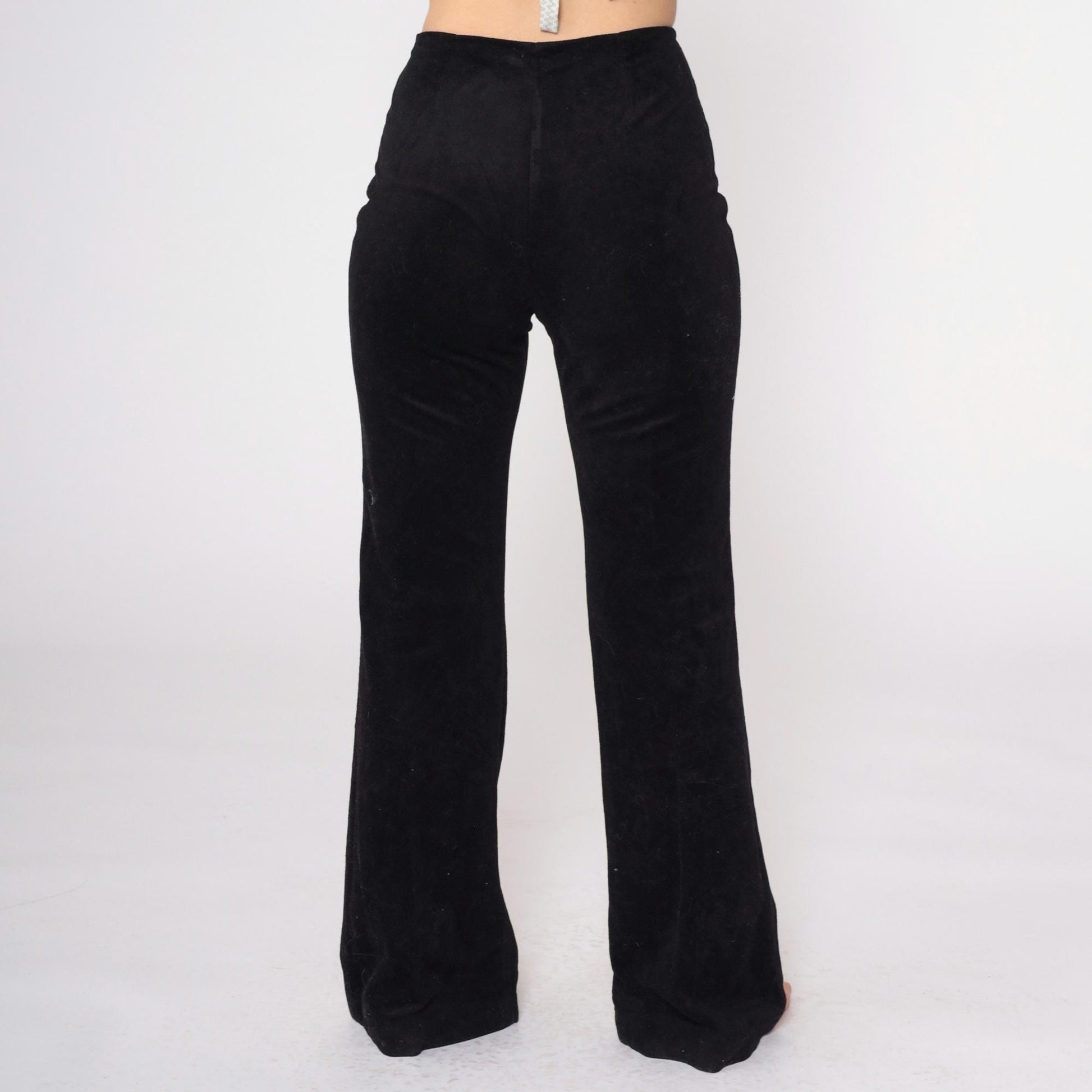 70s Black Velvet Bellbottoms High-Waisted Flared Trousers Small S