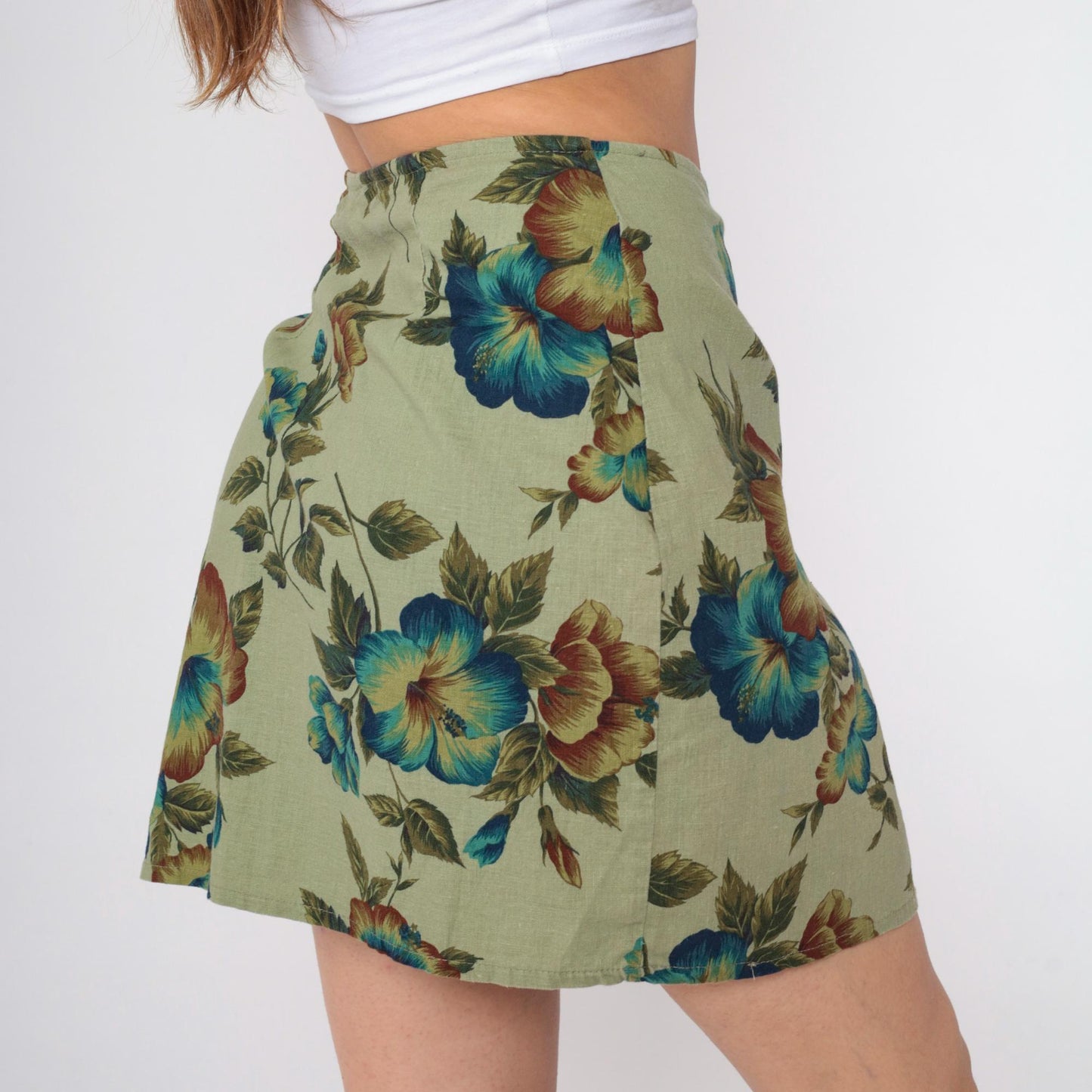90s Express Tropical Floral Wrap Skirt Green Mini Linen Cotton Small