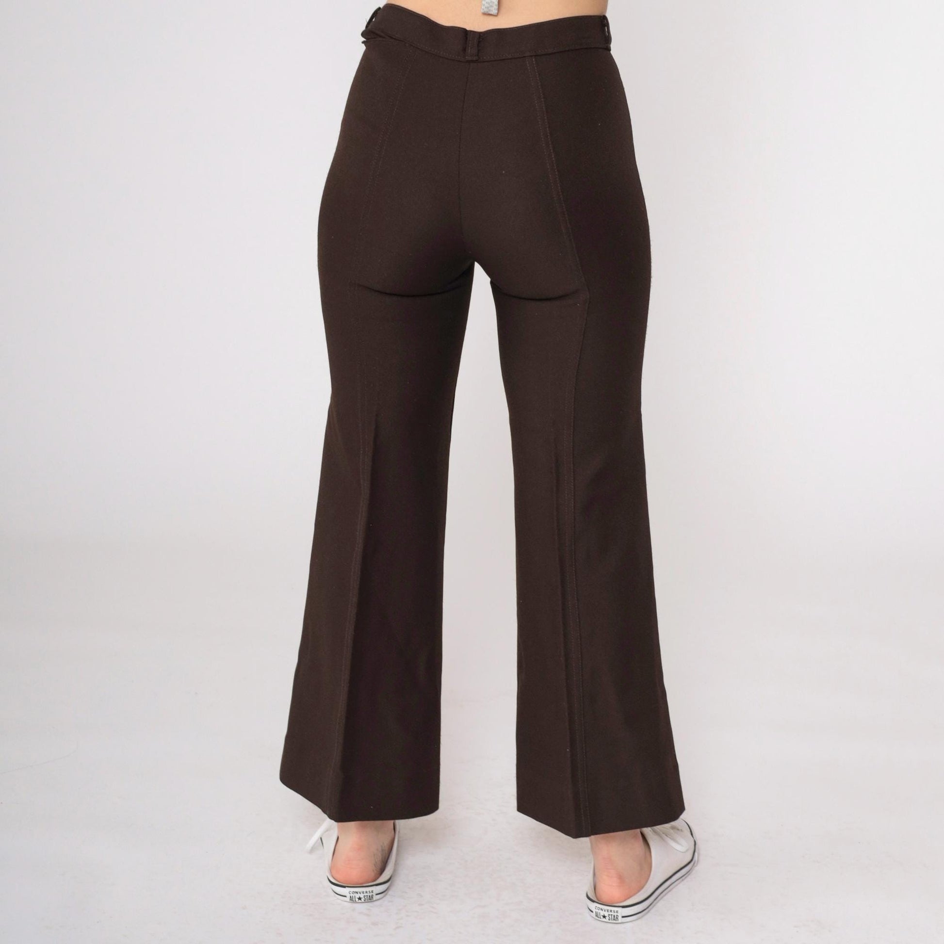 70s Dark Brown Bell Bottom Pants Pintuck Pleated Mid Rise Extra Small