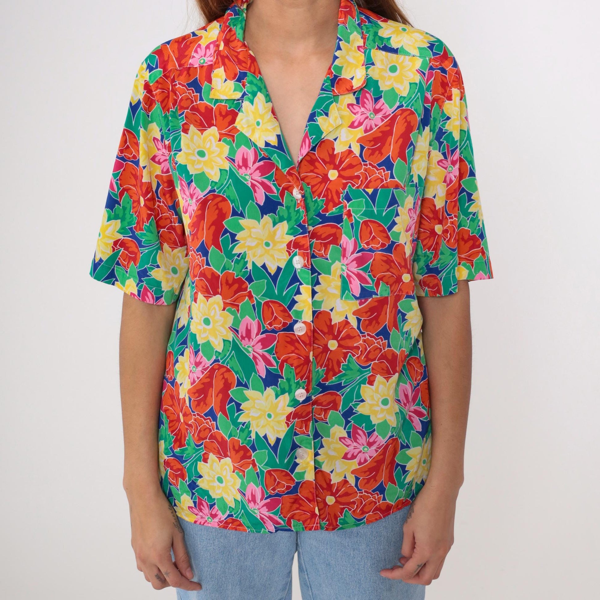 90s Floral Button-Up Blouse Multicolor Flower Print Short Sleeve Medium