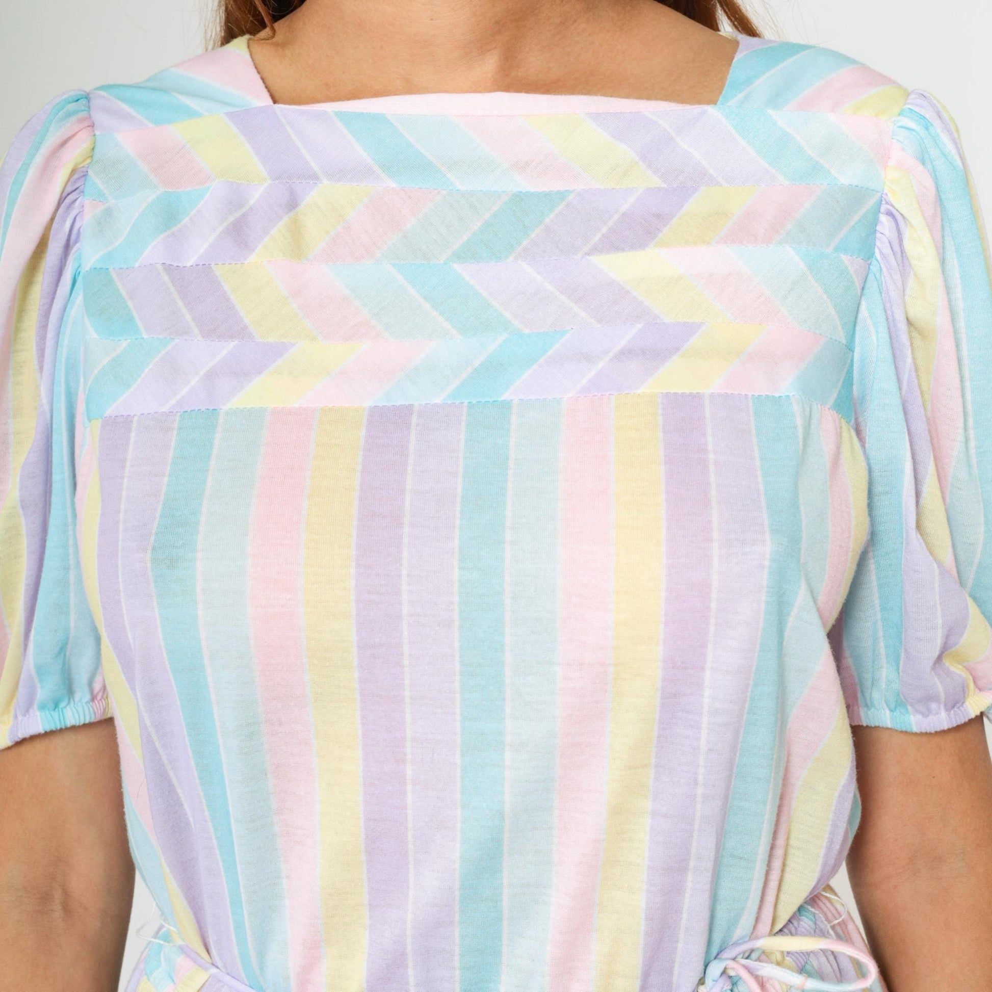 80s Pastel Striped Midi Dress Puff Sleeve Elastic Waist Small Medium