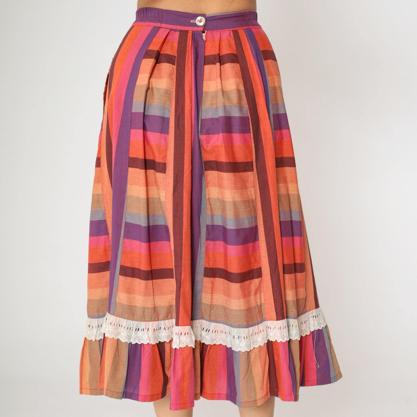 80s Striped Prairie Midi Skirt Pink Purple Orange Lace High Waisted Small