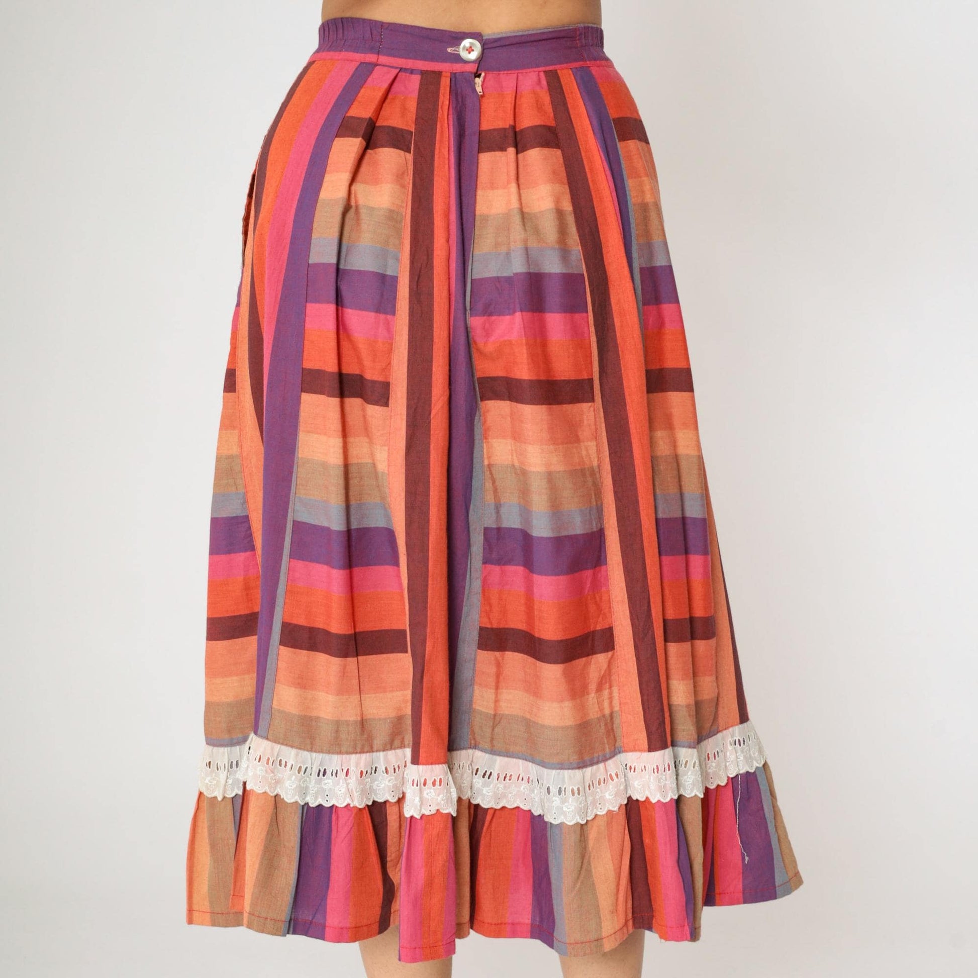 80s Striped Prairie Midi Skirt Pink Purple Orange Lace High Waisted Small
