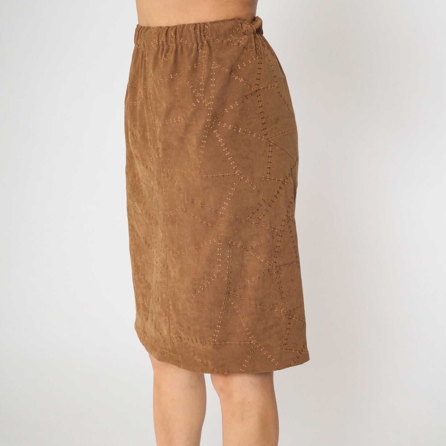 90s Brown Patchwork Faux Suede Pencil Skirt High Waist Small Medium