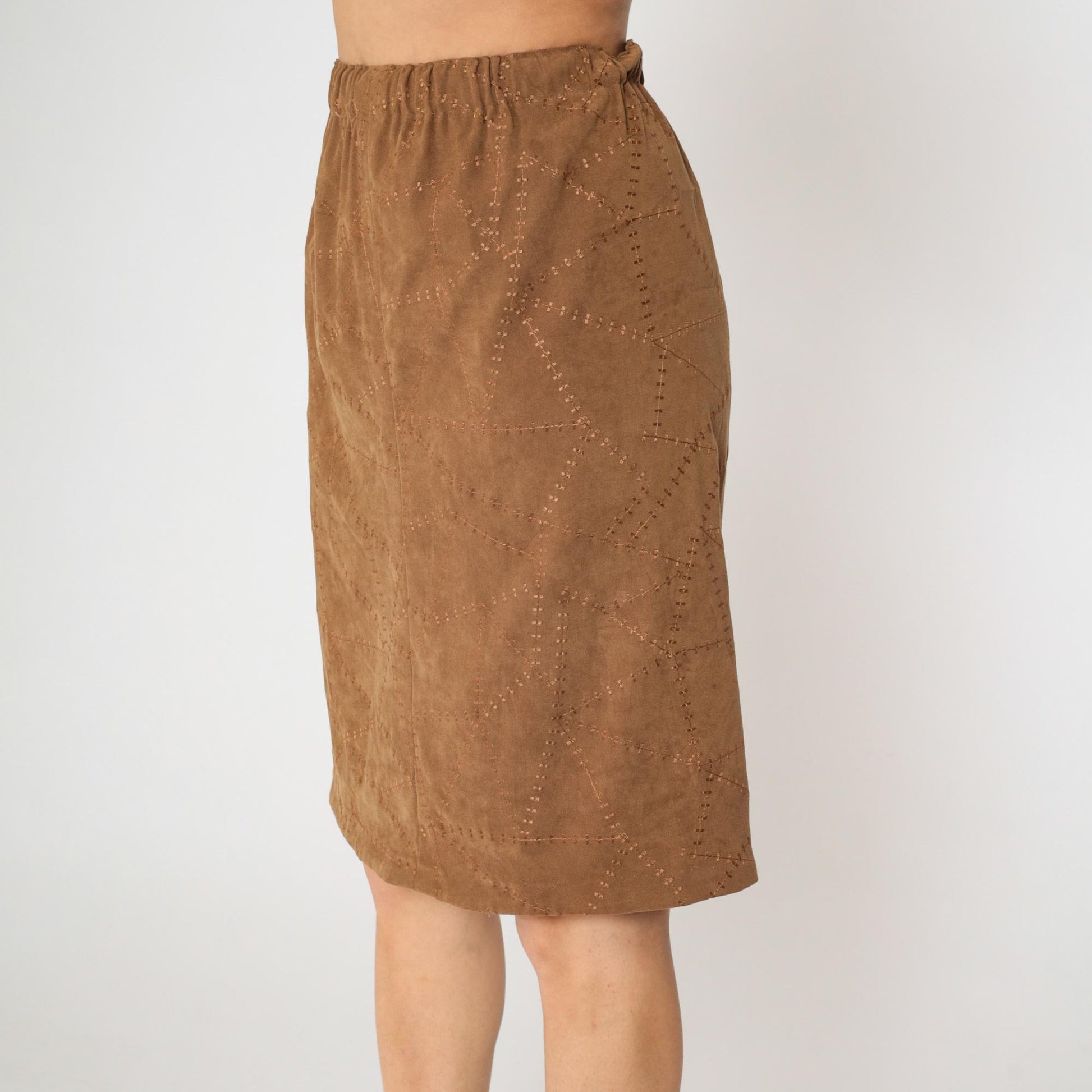90s Brown Patchwork Faux Suede Pencil Skirt High Waist Small Medium