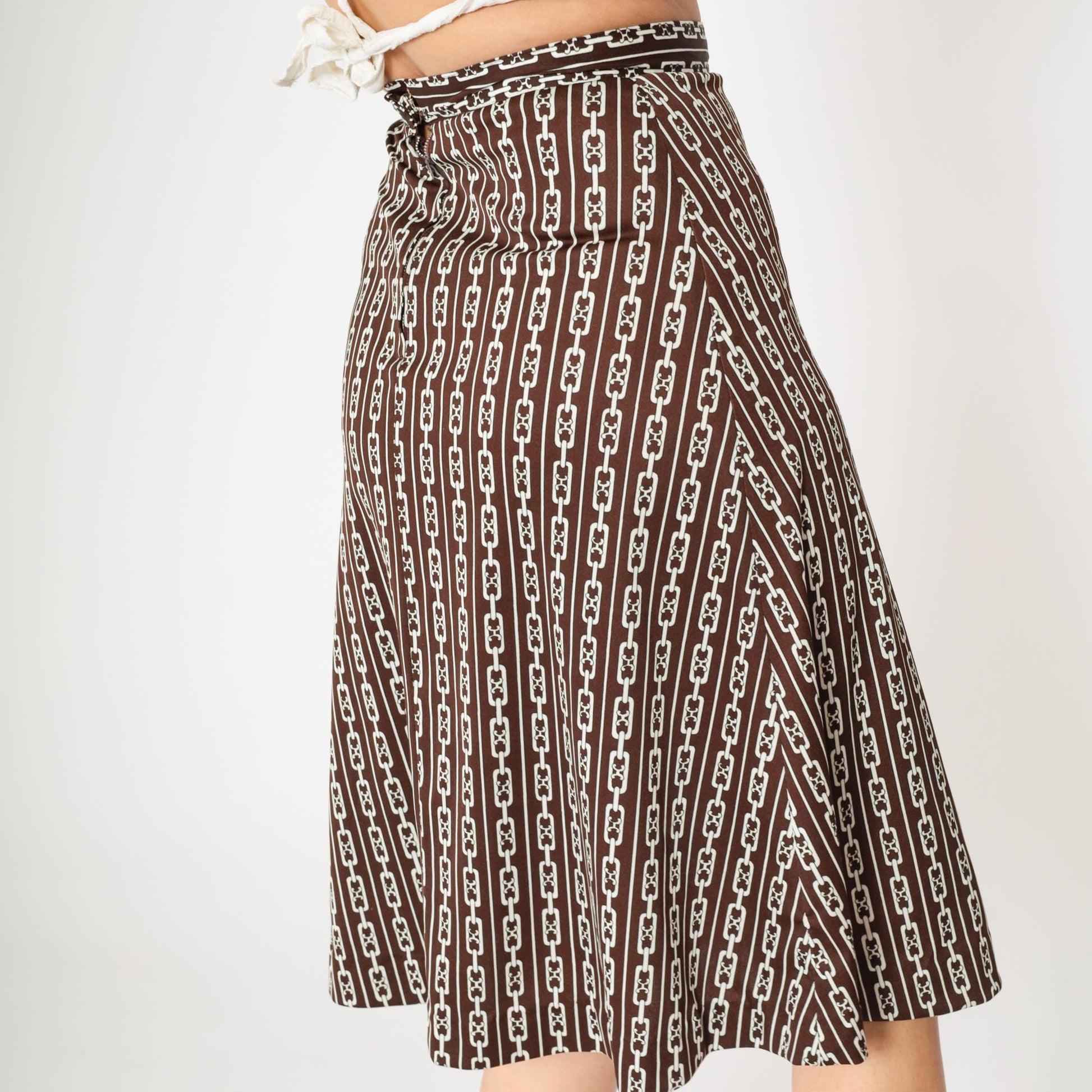 60s Brown Chain Print Midi Skirt A-Line High Waist Flared Small