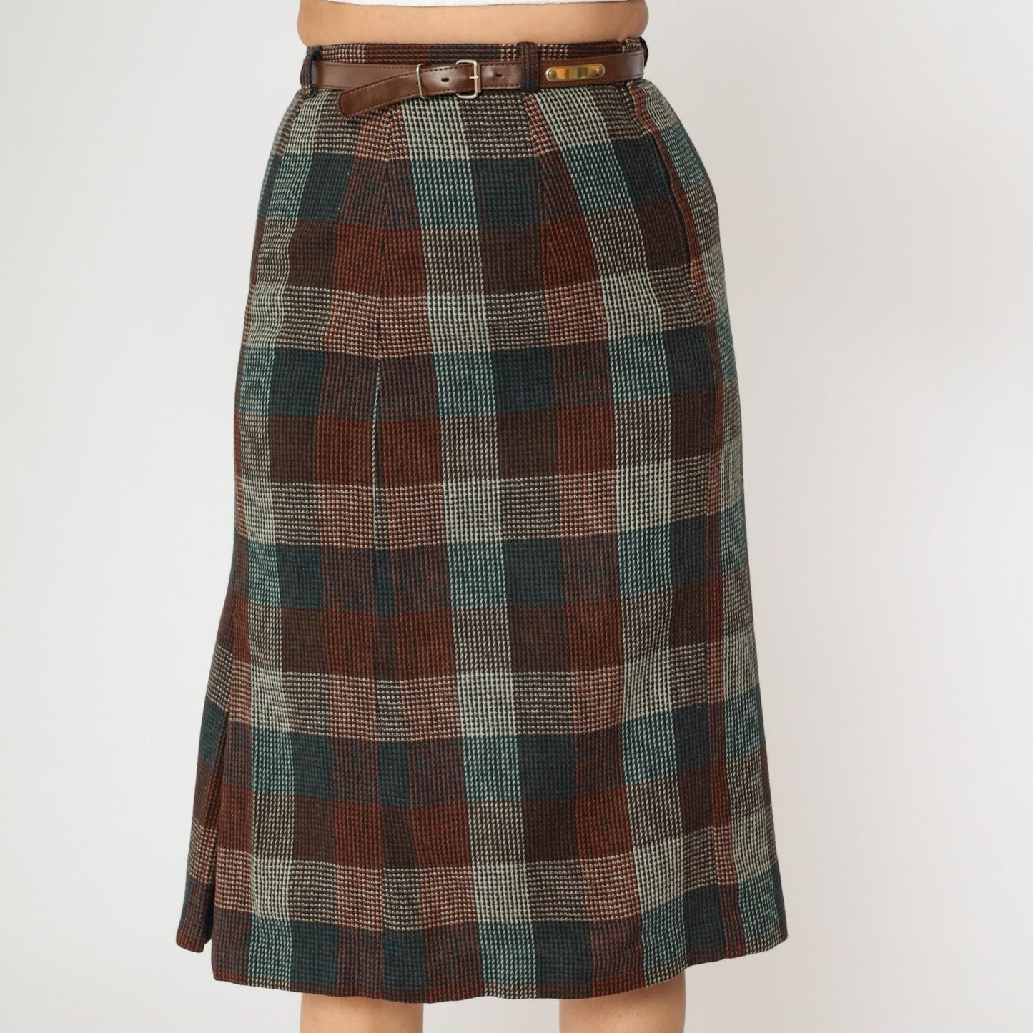 80s Wool Checkered Midi Skirt High Waist Pleated Orange Teal Brown Small