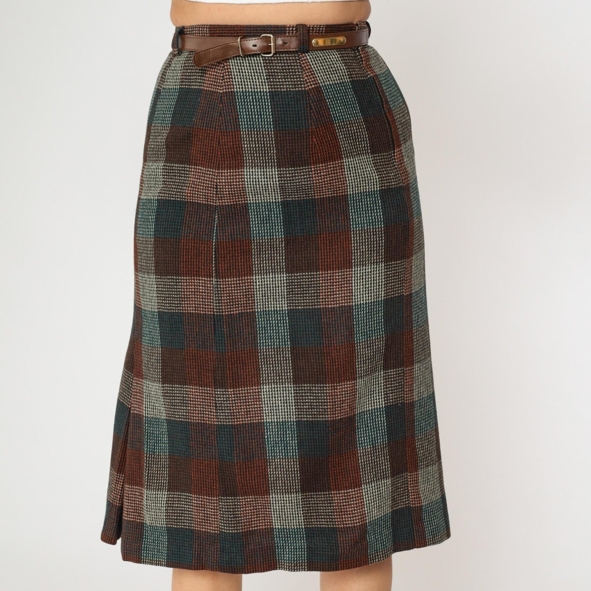 80s Wool Checkered Midi Skirt High Waist Pleated Orange Teal Brown Small