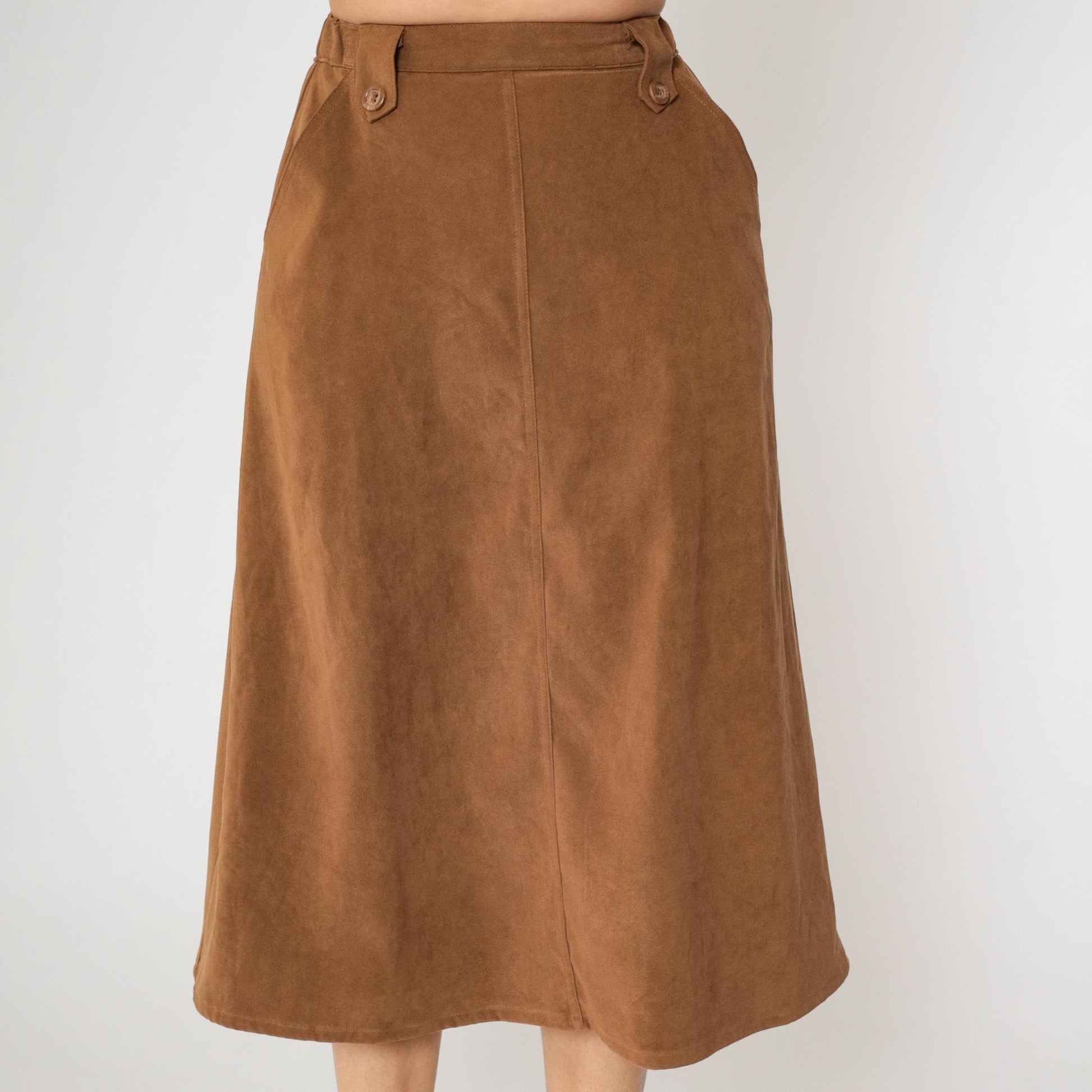 90s Brown A-Line Midi Skirt High Waisted Pockets Small 4P