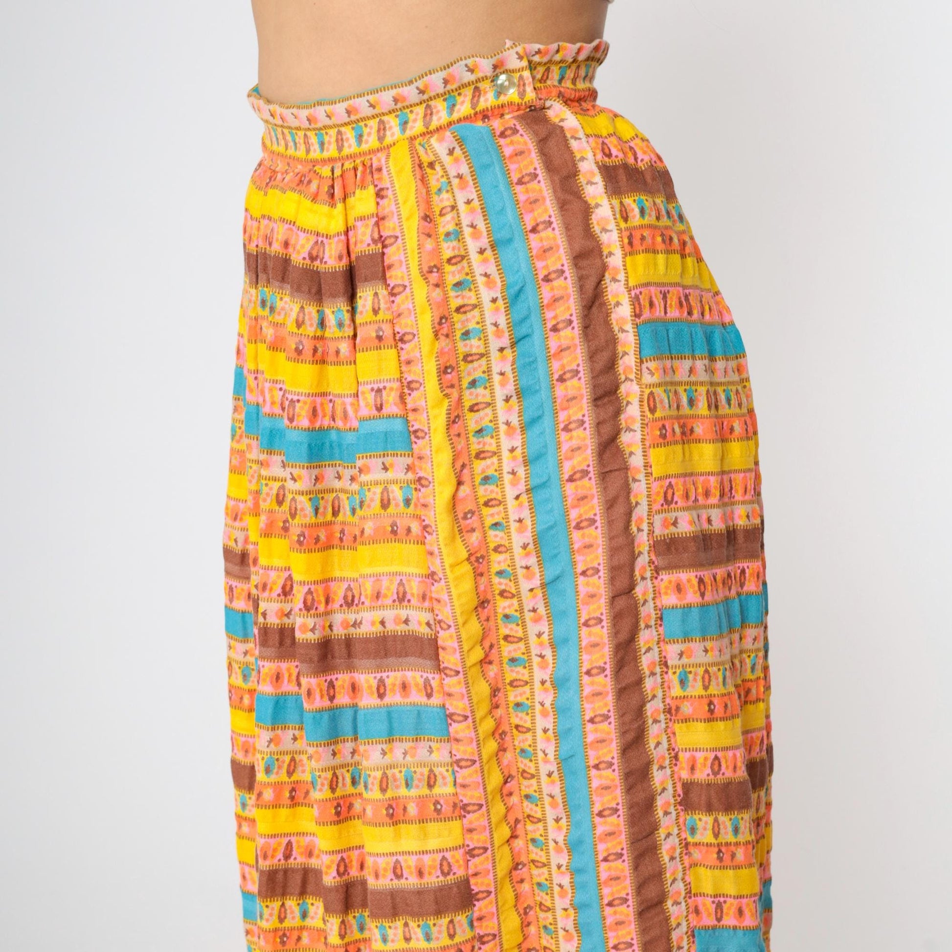 70s Lady Arrow Striped Maxi Skirt High Waist Floral Abstract Print Medium