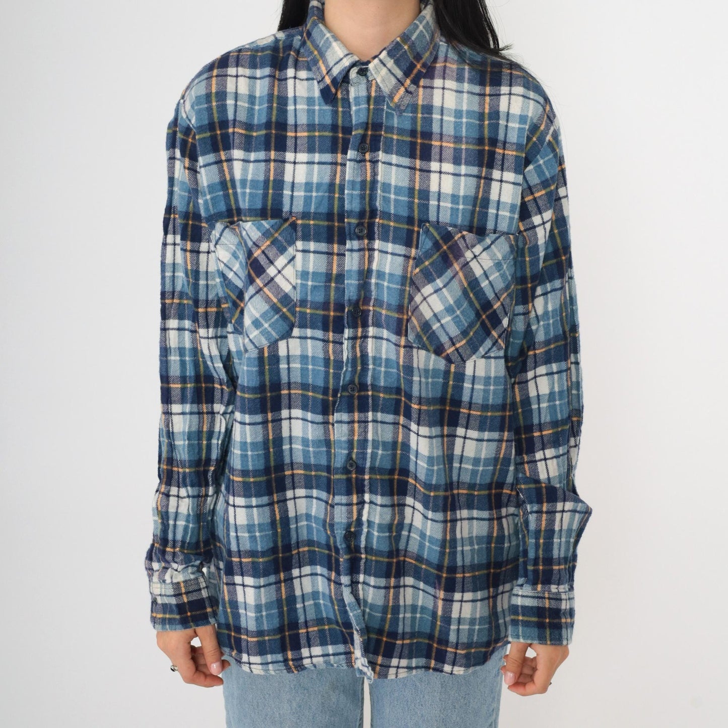 90s Ozark Trail Blue Plaid Flannel Shirt Cotton Button-Up Medium
