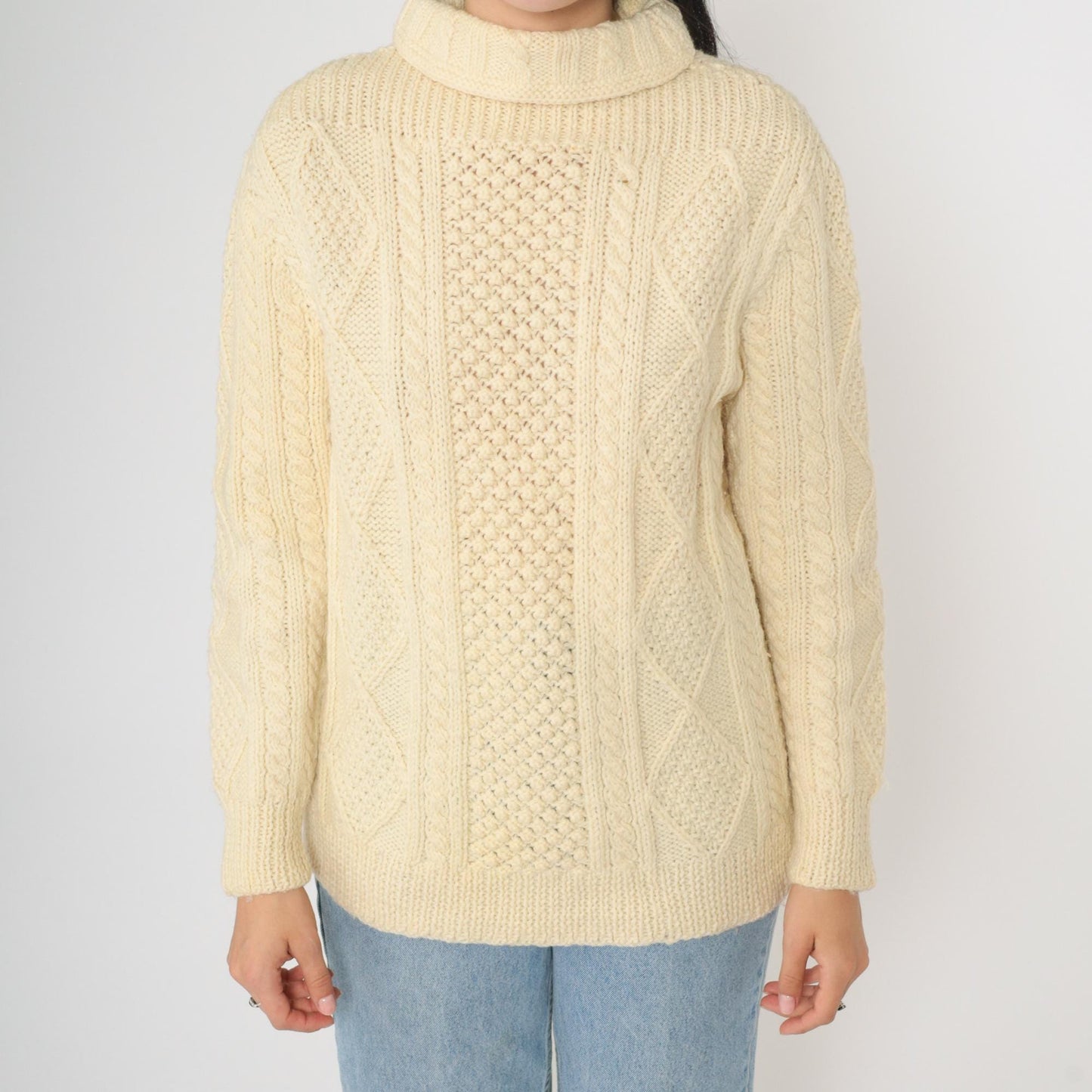 80s Cream Cable Knit Turtleneck Sweater Pullover Small