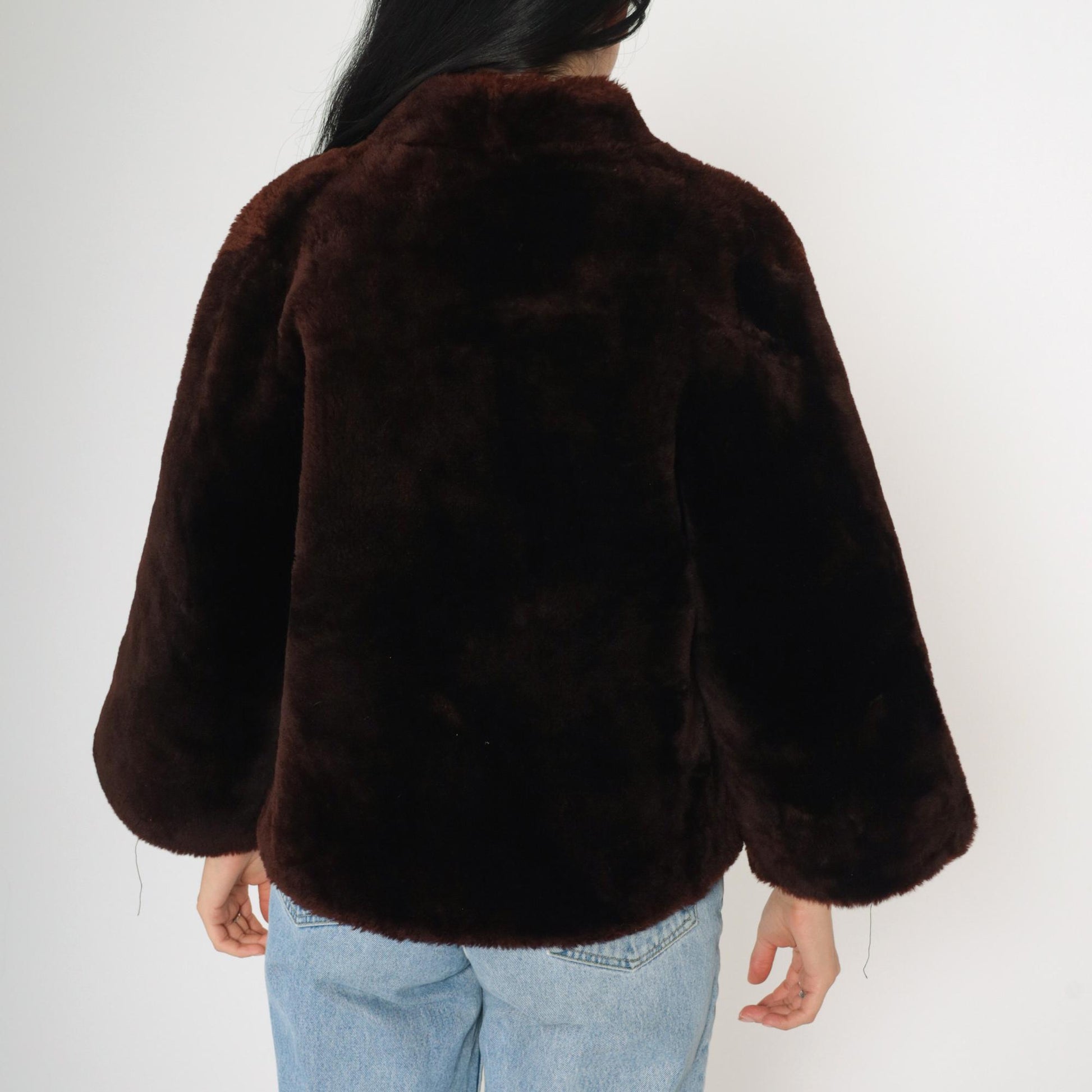 70s Brown Fur Jacket Cape Silhouette Bell Sleeve Open Front Small