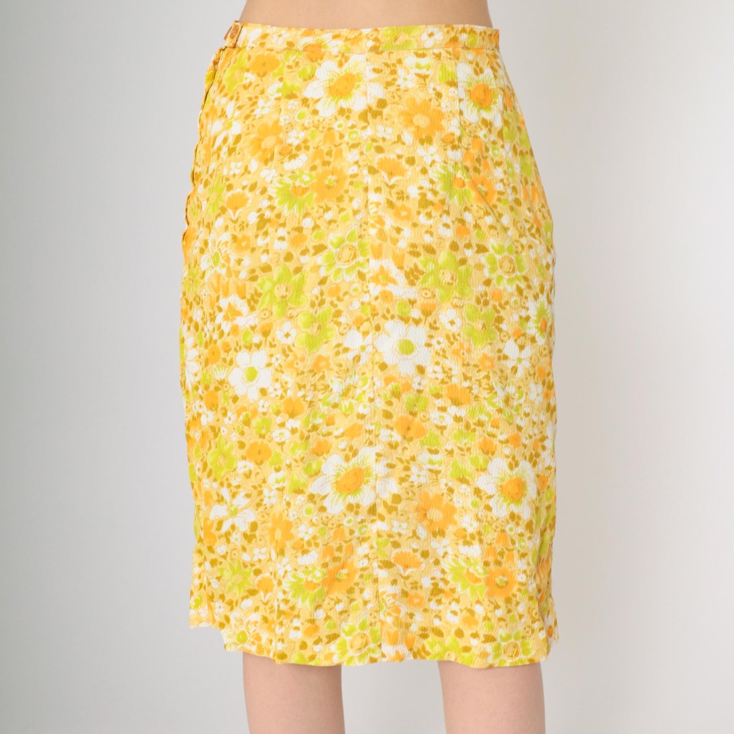 60s Yellow Orange Floral Pencil Midi Skirt High Waist Small