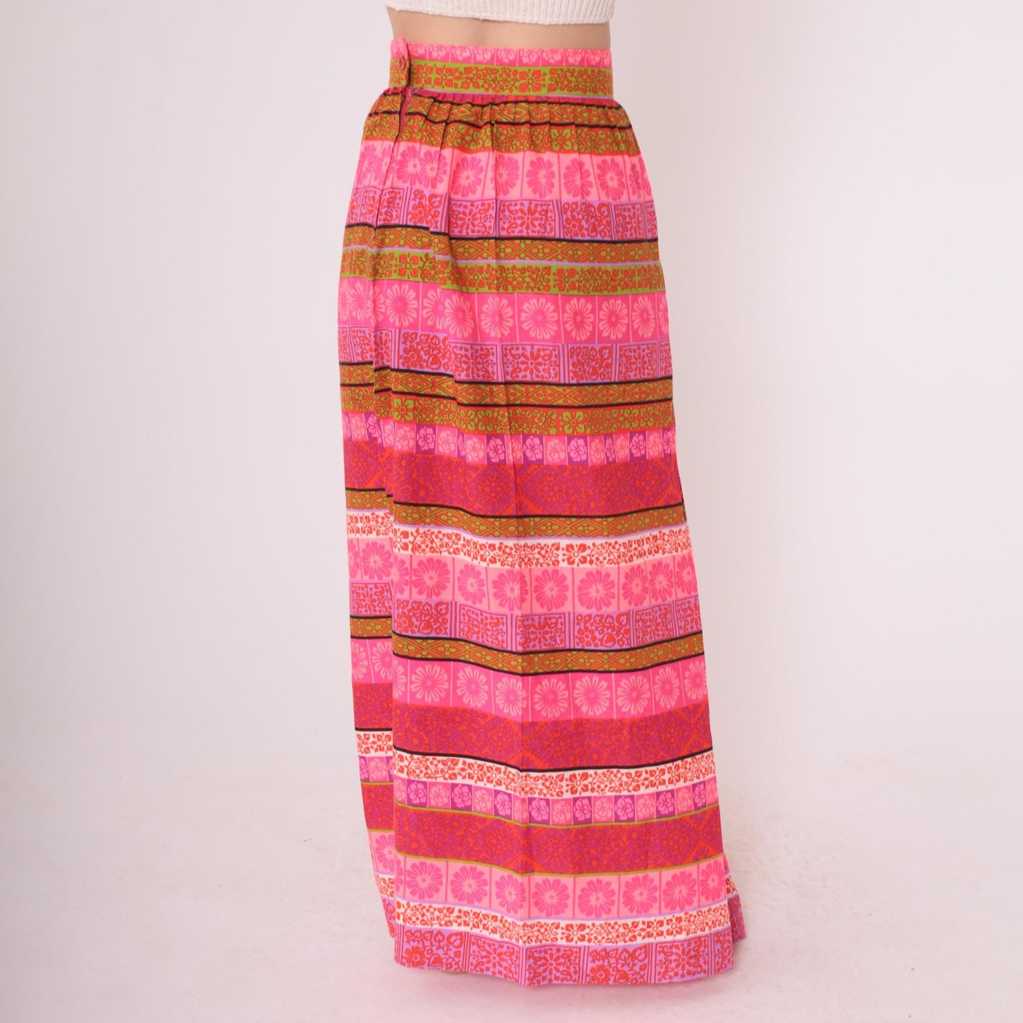 70s Floral Striped Maxi Skirt High Waist Hot Pink Olive Purple Small S