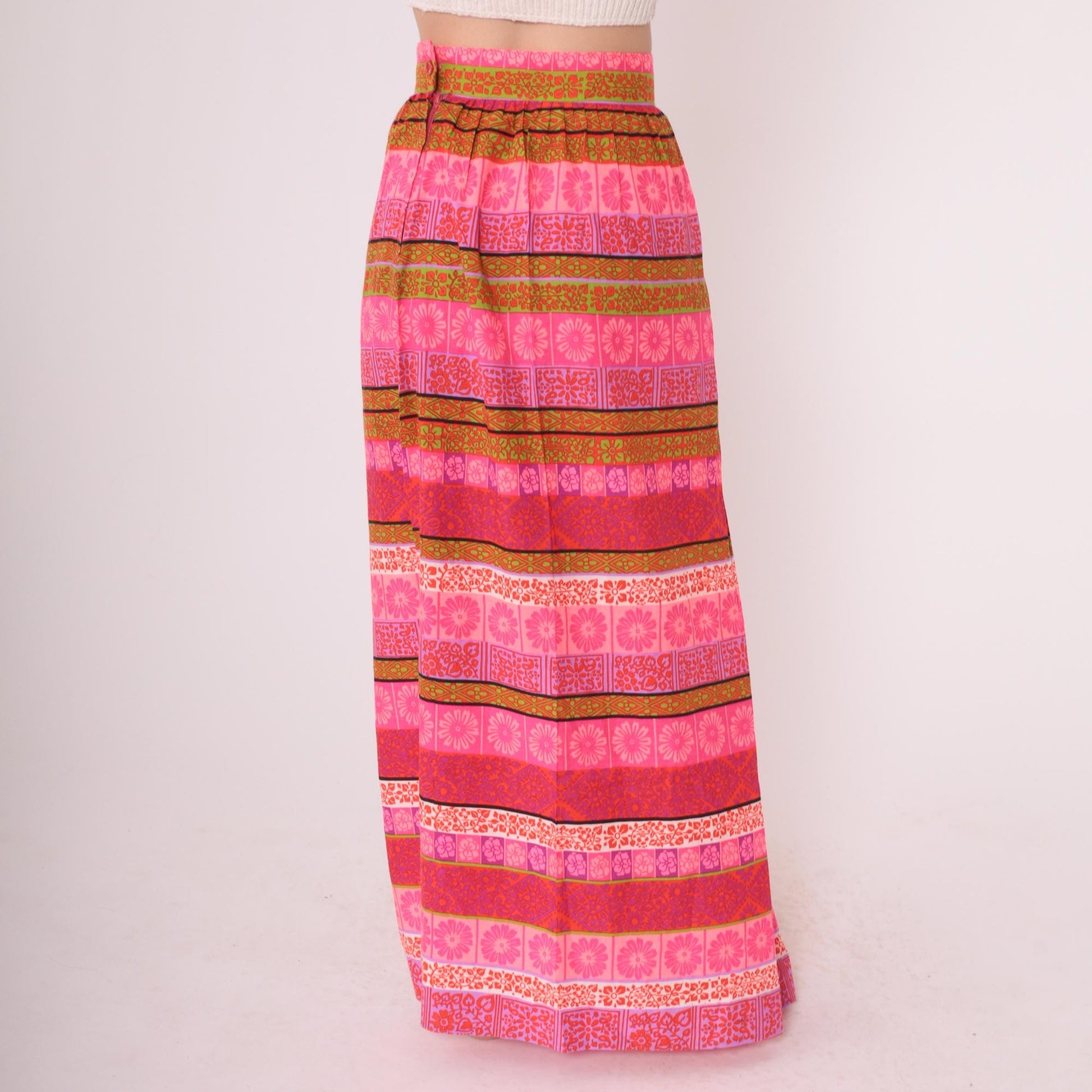 70s Floral Striped Maxi Skirt High Waist Hot Pink Olive Purple Small S