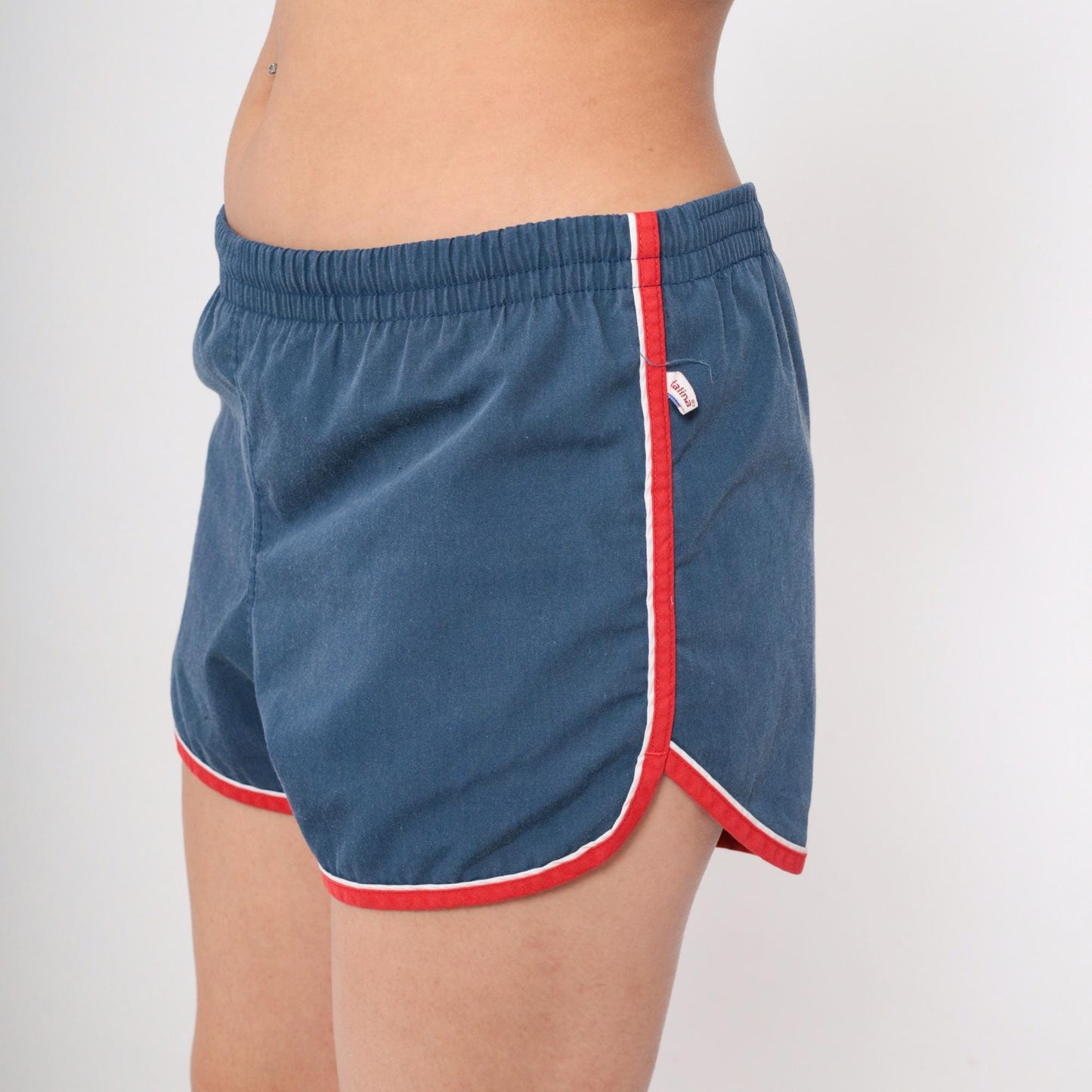 80s Catalina Swim Trunks Dark Blue Red Trim Drawstring Medium
