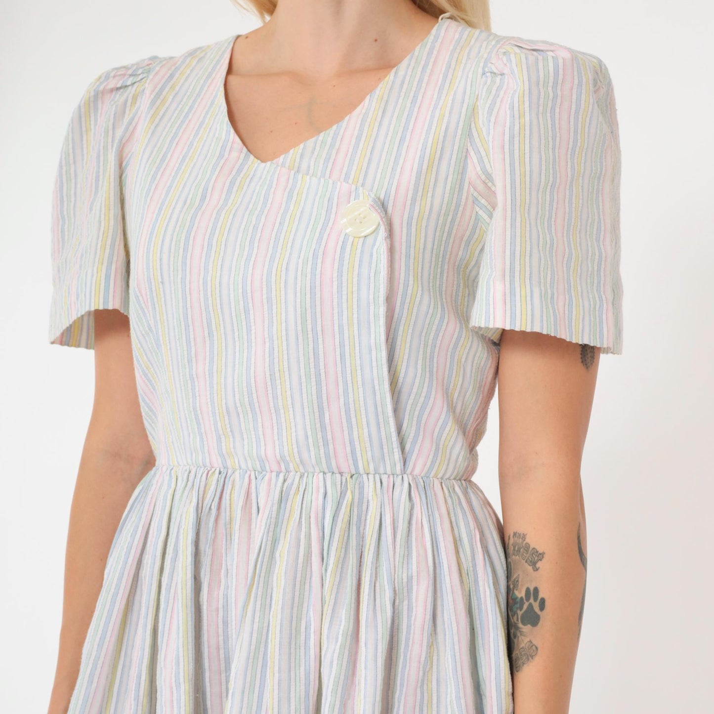 80s Striped Puff Sleeve Dress High Waisted Button Front Midi Green Pink Blue Extra Small