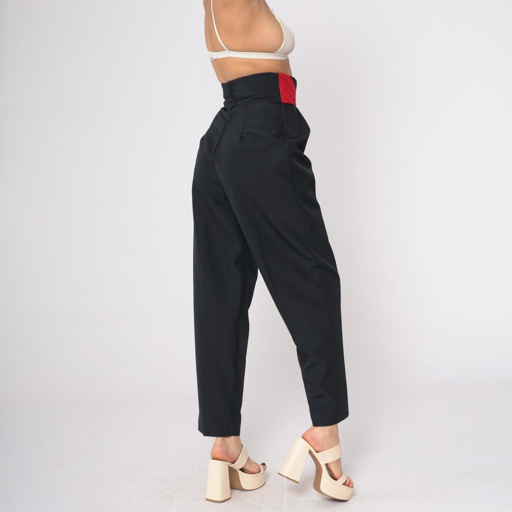 80s Black Tapered Trousers High Waist Colour Block Waistband Size 9