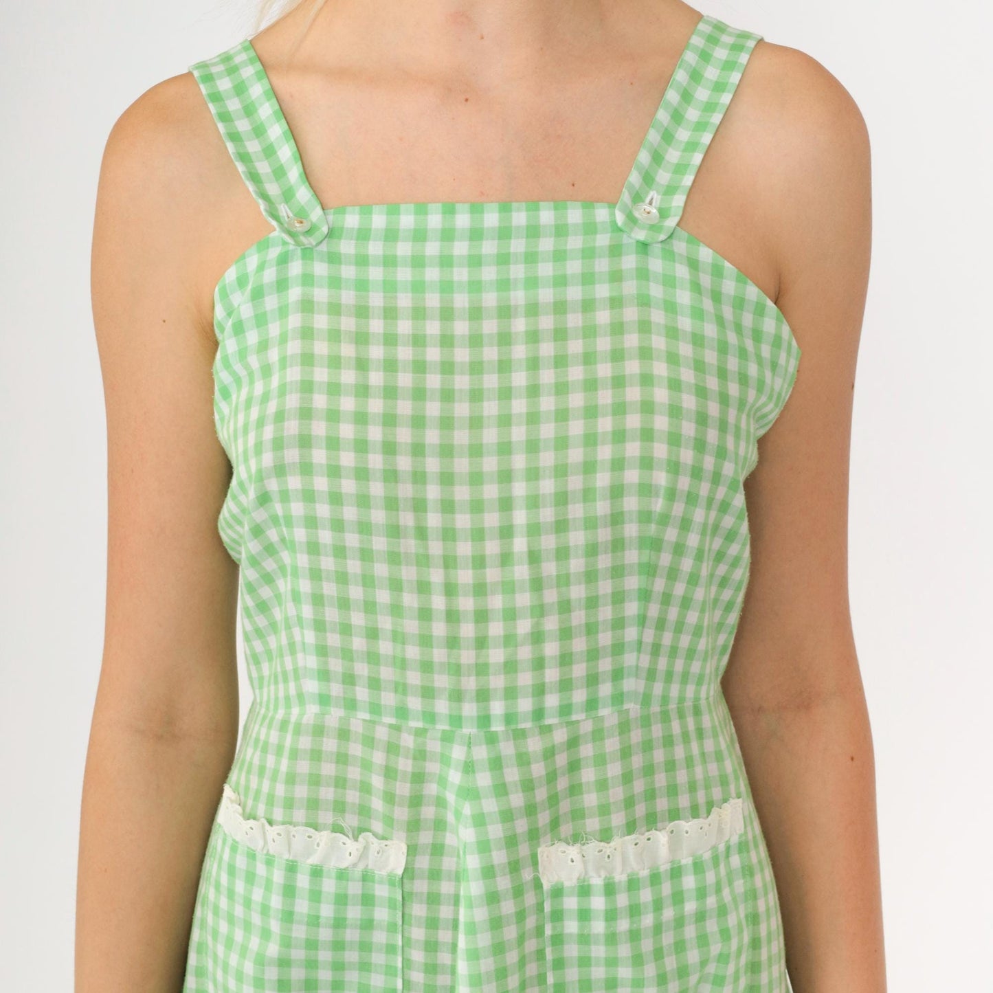 70s Green Gingham Prairie Sundress Eyelet Lace Trim Mini Small
