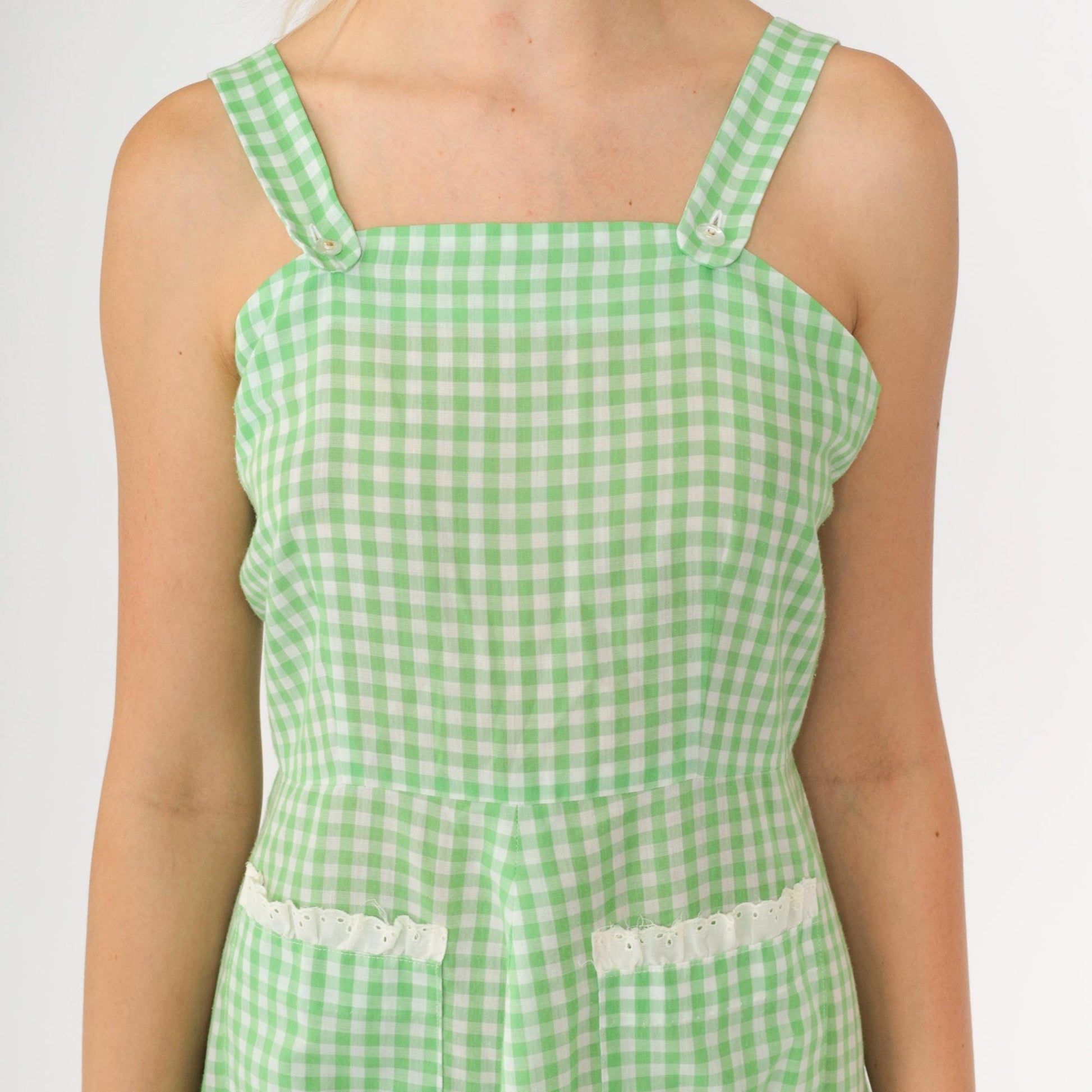 70s Green Gingham Prairie Sundress Eyelet Lace Trim Mini Small