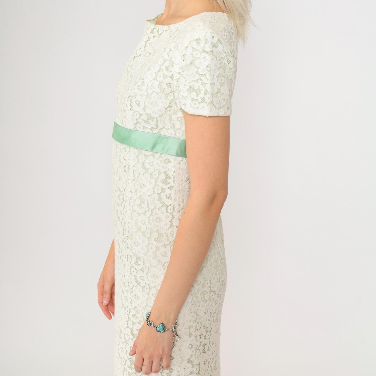 60s White Lace Maxi Dress Empire Waist Green Ribbon Short Sleeve Extra Small XS