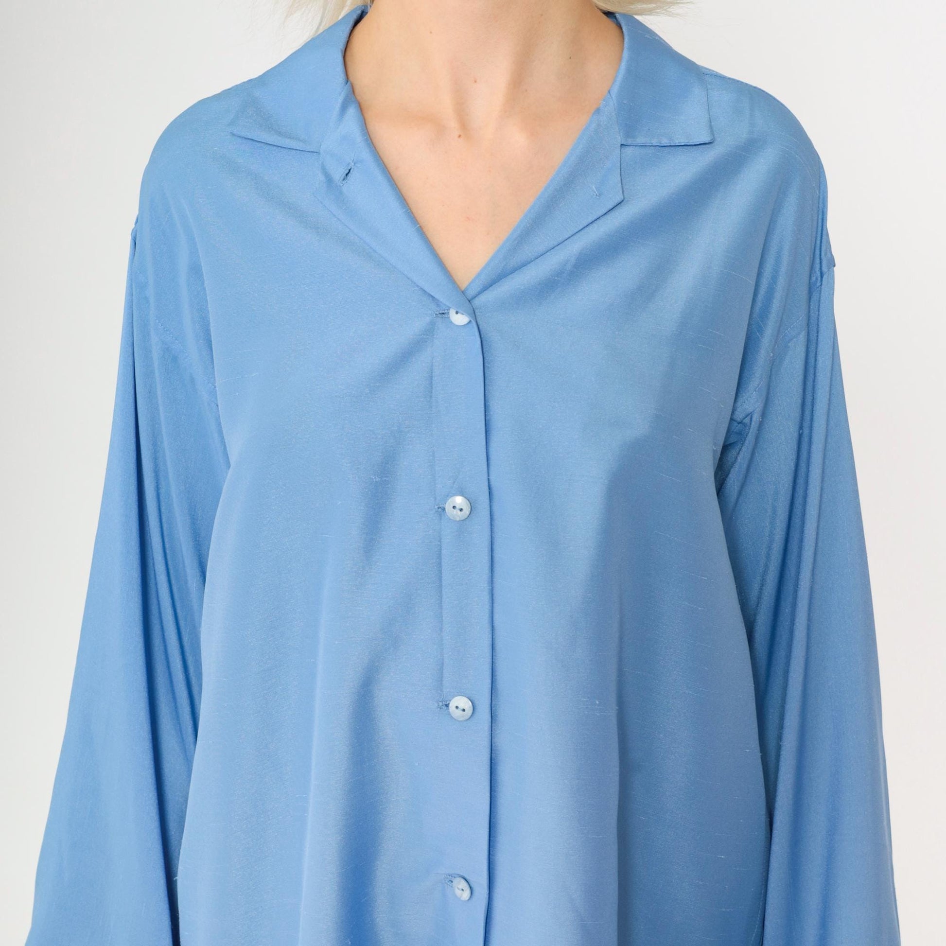 80s Blue Button-Up Shift Dress Wide Sleeves Belted Shirtdress Medium Large