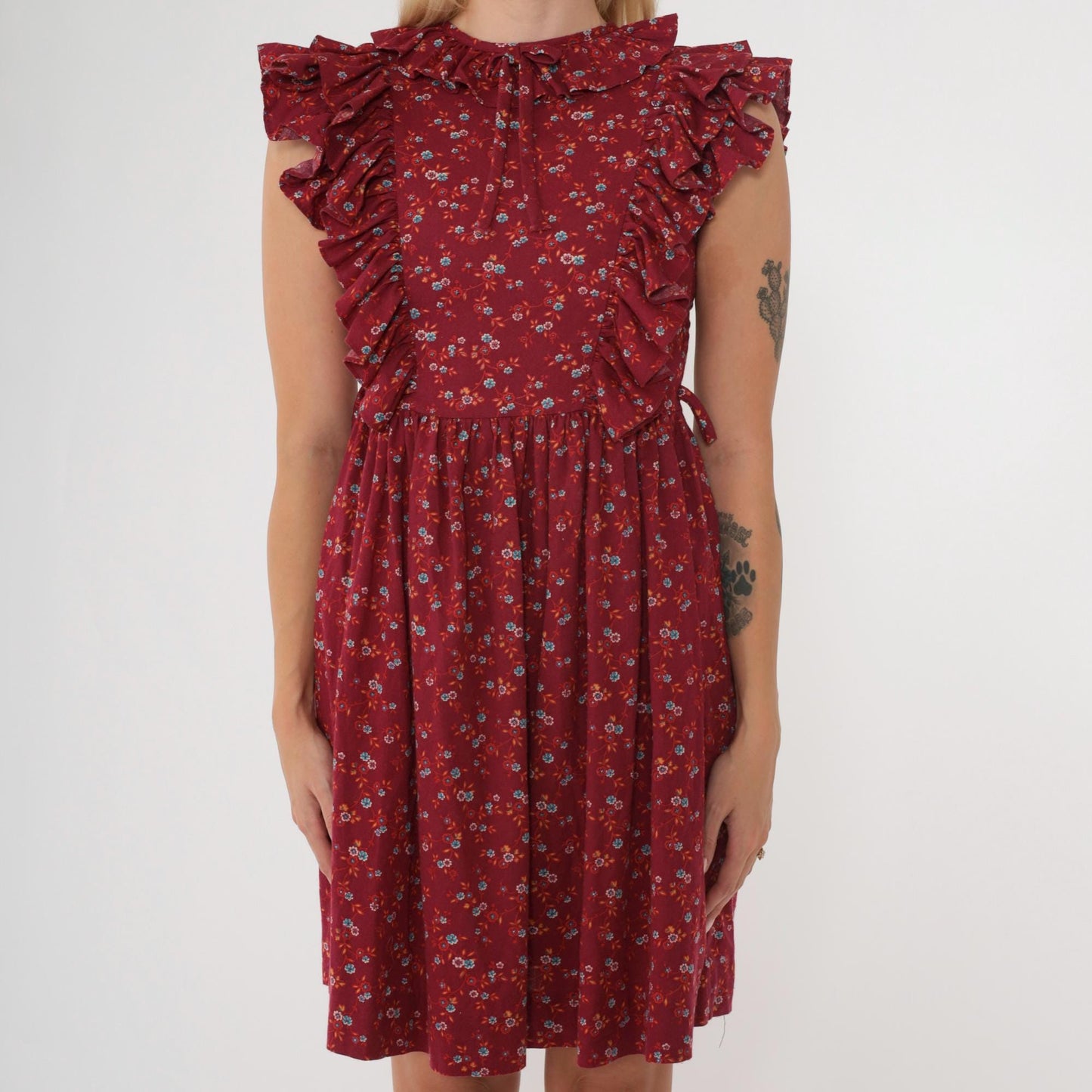 70s Kim Originals Floral Ruffle Mini Dress Burgundy High Waist Bow Neck 2XS