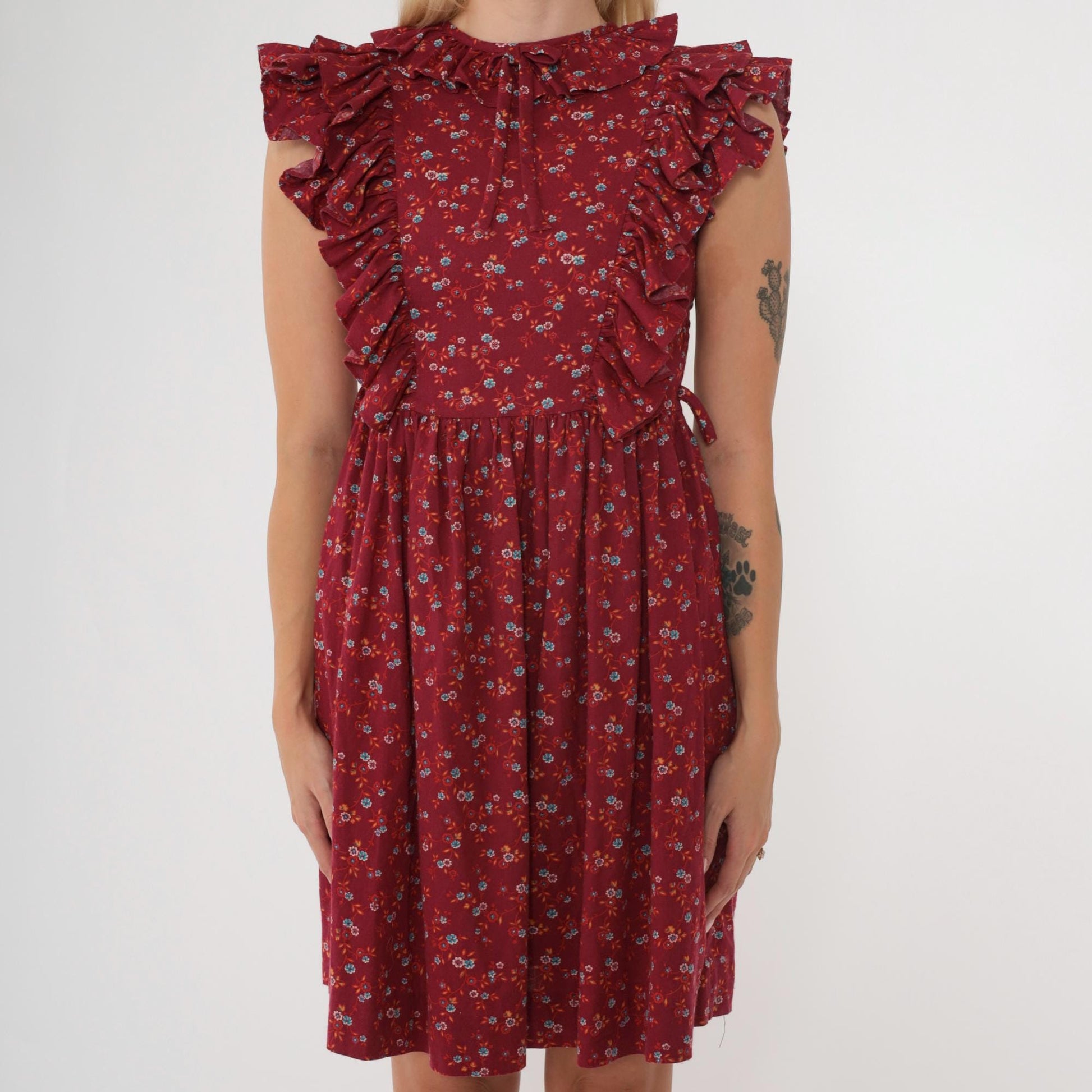 70s Kim Originals Floral Ruffle Mini Dress Burgundy High Waist Bow Neck 2XS