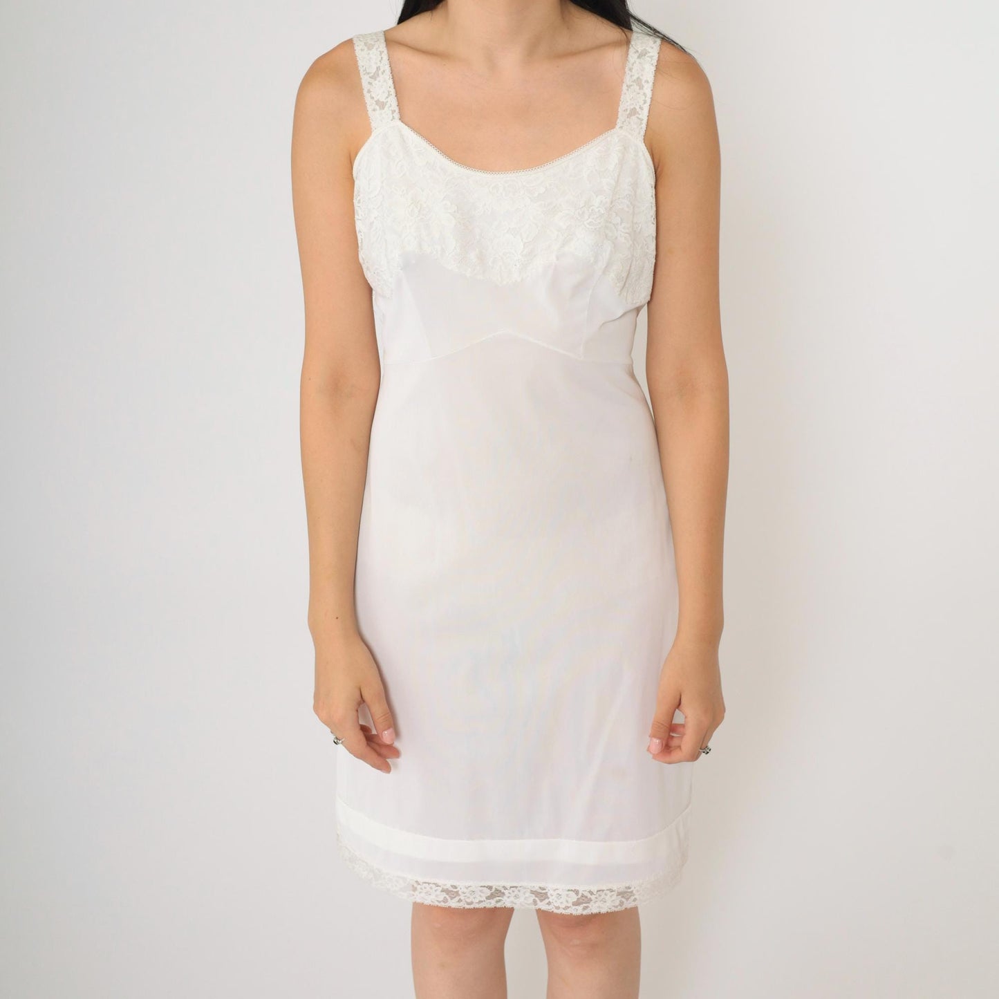 70s Charmante White Lace Slip Dress Scoop Neck Spaghetti Strap Mini Small