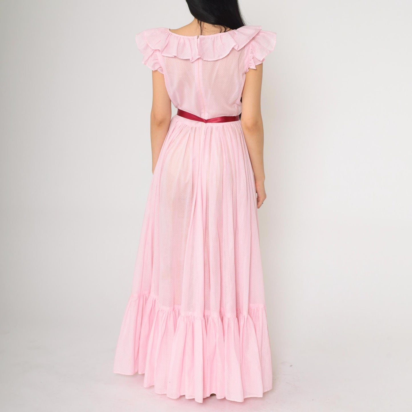 70s Baby Pink Polka Dot Maxi Dress Flutter Sleeve Scoop Neck Small