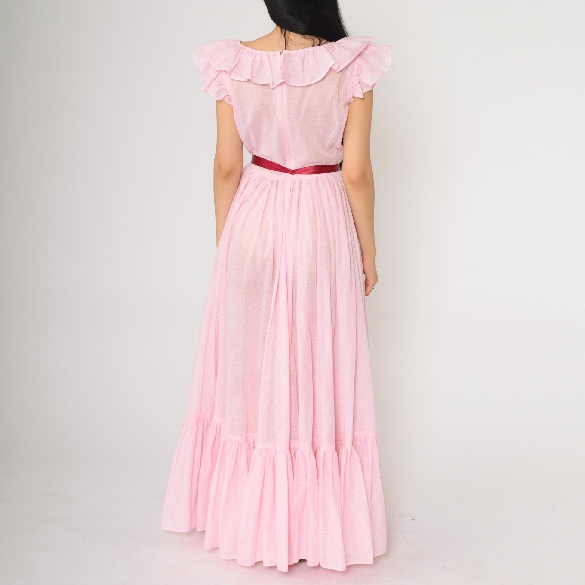 70s Baby Pink Polka Dot Maxi Dress Flutter Sleeve Scoop Neck Small